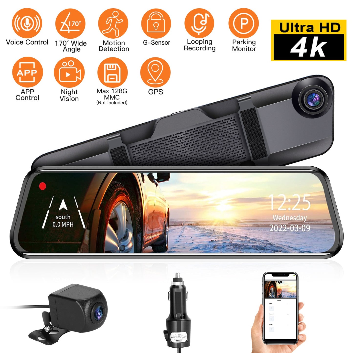4K Car DVR 12in Dash Cam Camcorder Camera Recorder with 170° Angle Loop