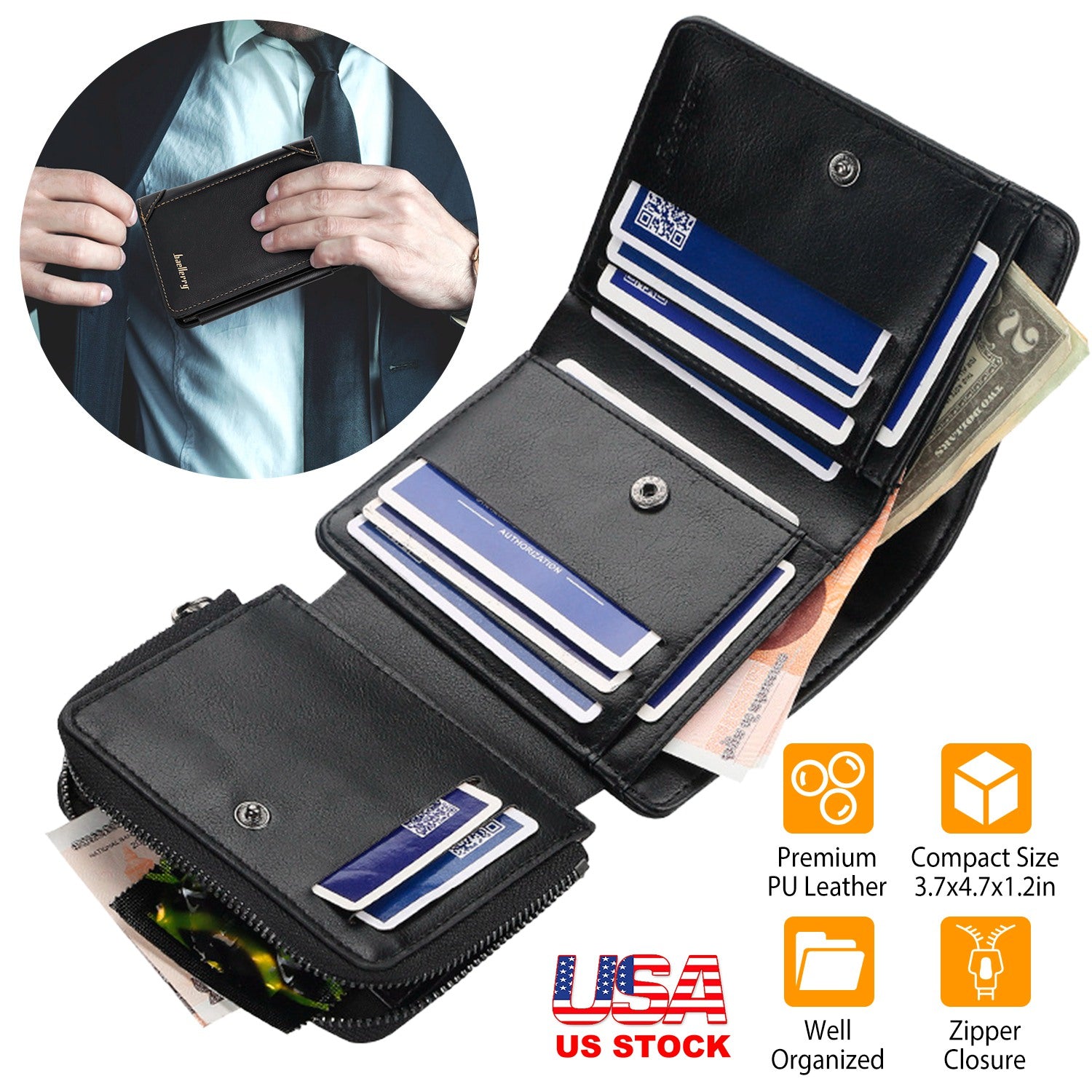 Men’s Leather Wallet ID Card Holder Purse Trifold Clutch Money Zipper with ID