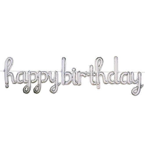 Beistle Script Happy Birthday Balloon Streamer - Silver | Party Supply