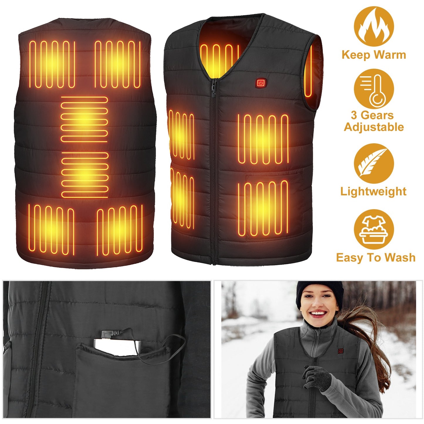 Heat Jacket Vest 3 Heating Gear Adjustable USB Heated Vest Warm Heat Coat Vest
