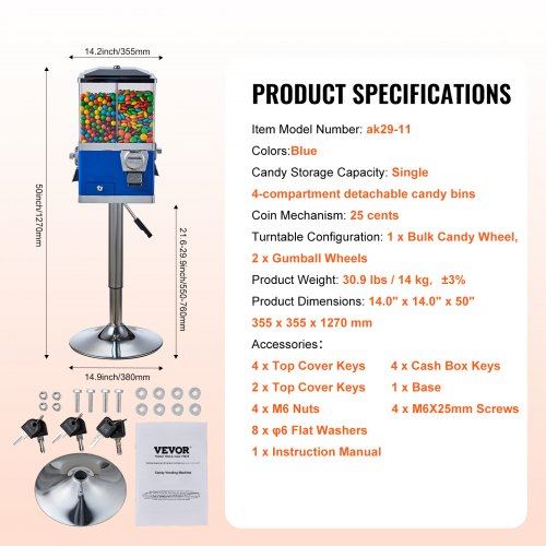 Gumball Machine with Stand Vending Coin Bank Vintage Candy Dispenser Bule