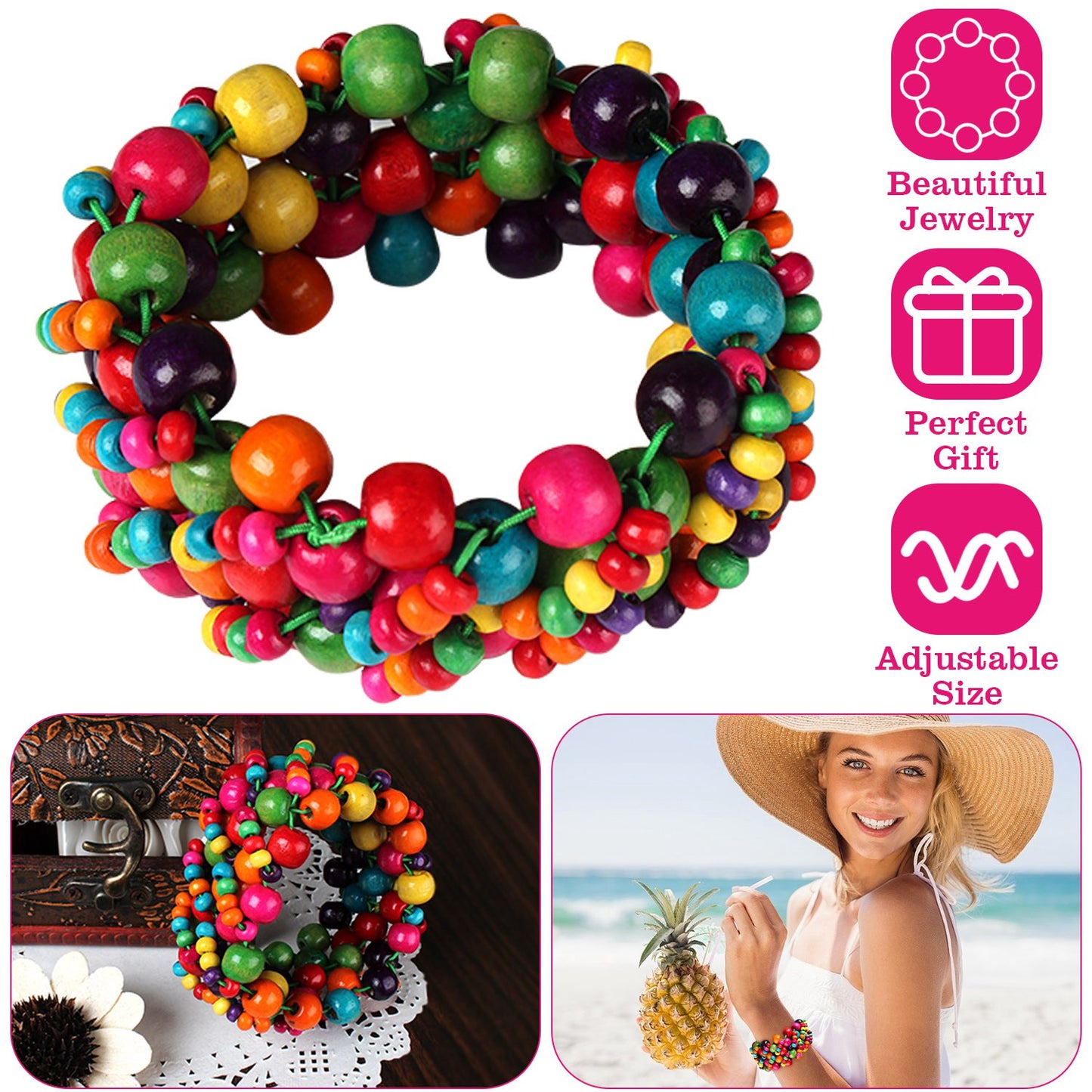 Multi-Color Wooden Beaded Stretchy Bracelet Colorful Exotic Style Elastic