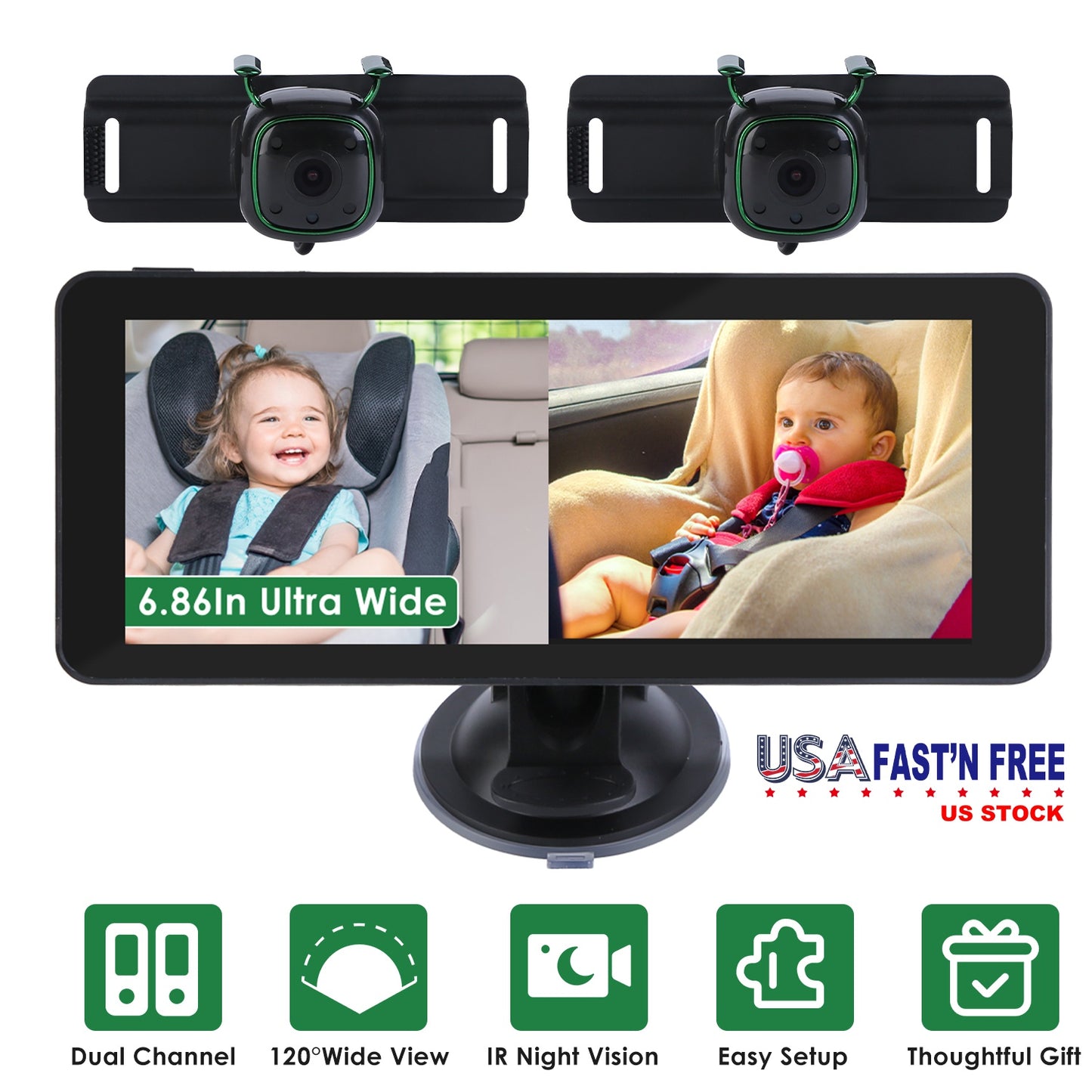 1080P Baby Car Camera for 2 Kids Dual Channel Car Baby Monitor Rear Facing Car