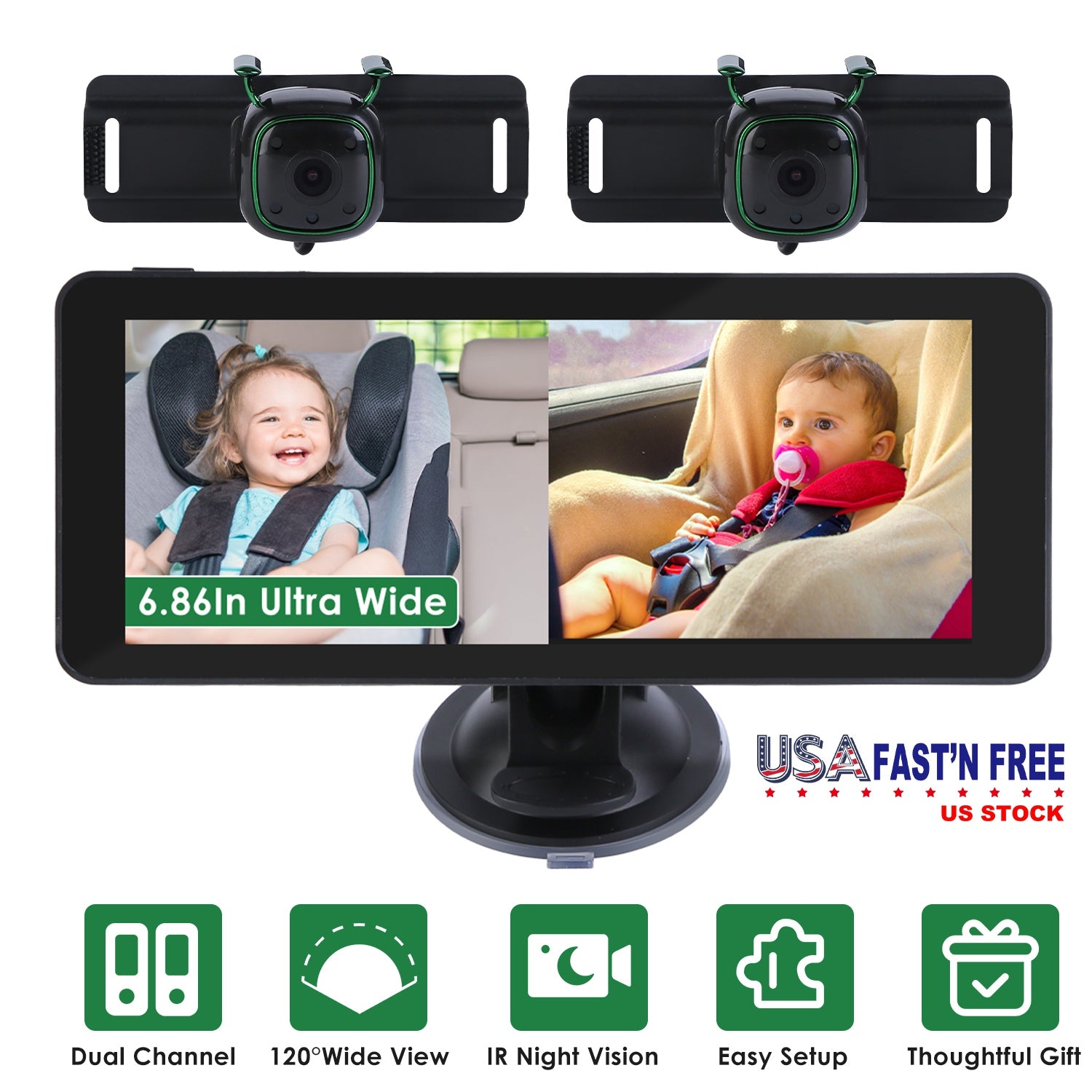 1080P Baby Car Camera for 2 Kids Dual Channel Car Baby Monitor Rear Facing Car