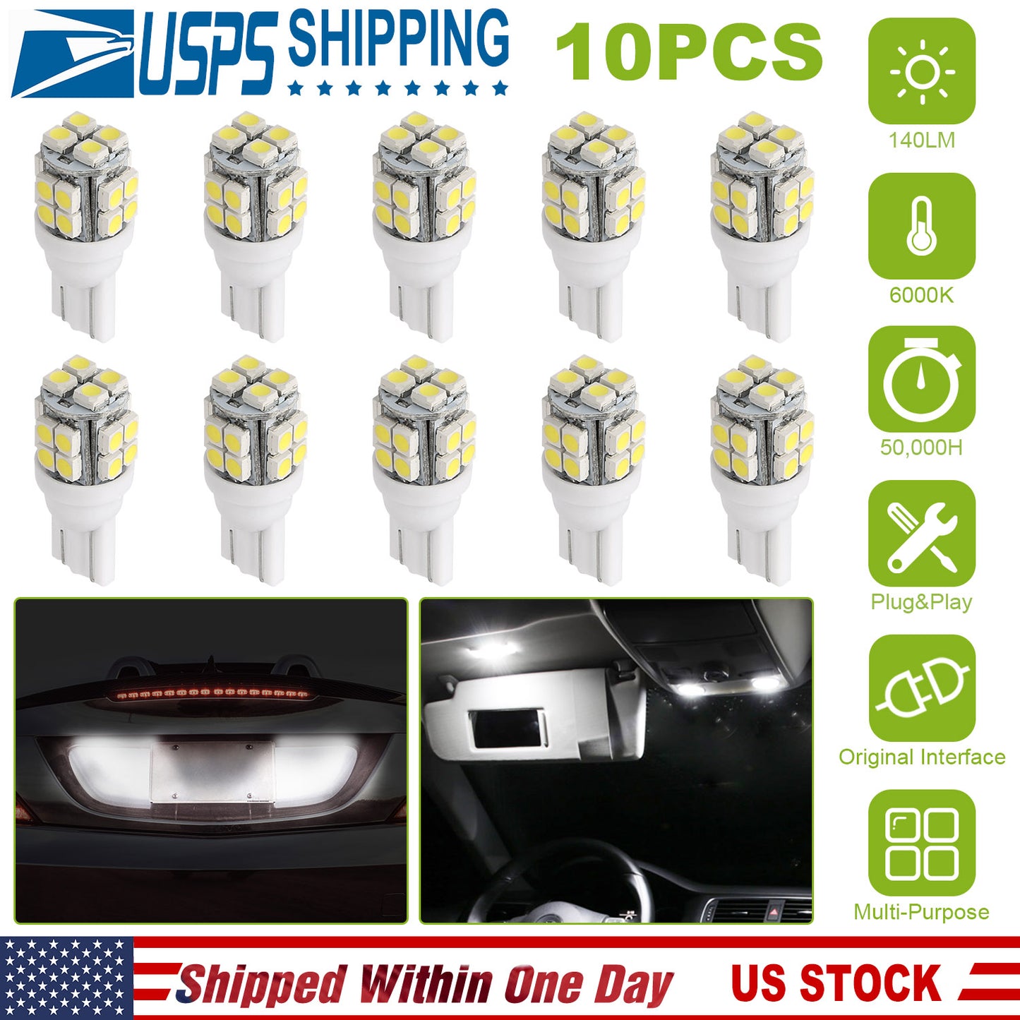 10Pcs 12V T10 LED Light Bulb Wedge Base Interior Dome Map LED Lights License