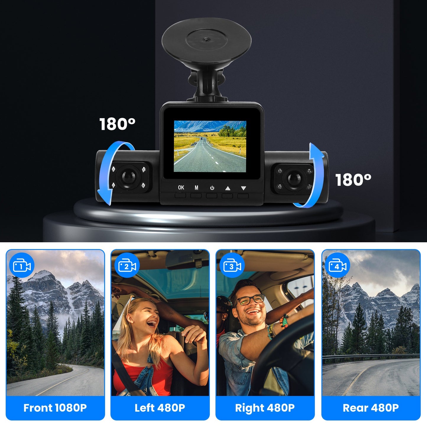 360° View FHD 4 Channel Dash Cam 1080P Front 480P Rear Left Right Inside Dash
