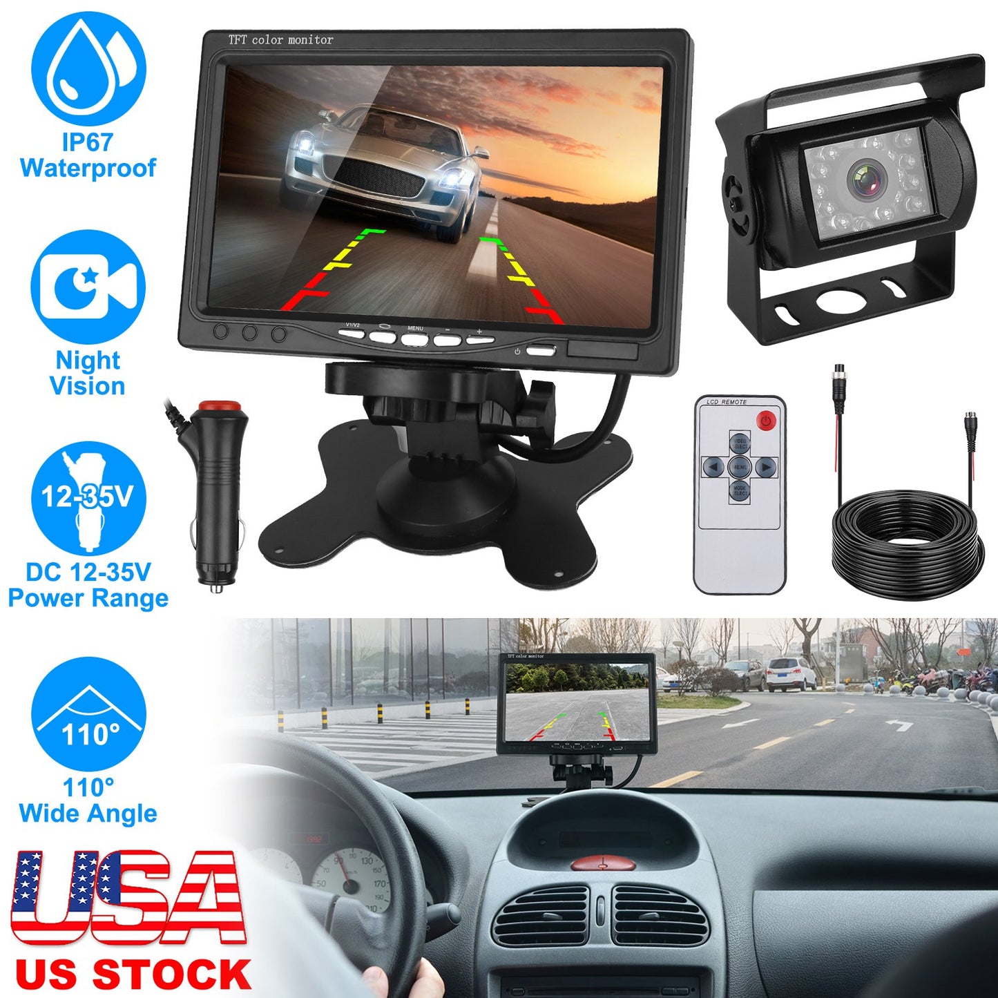 7In Screen Backup Camera System Vehicle Rear View Monitor Kit IP67 Waterproof