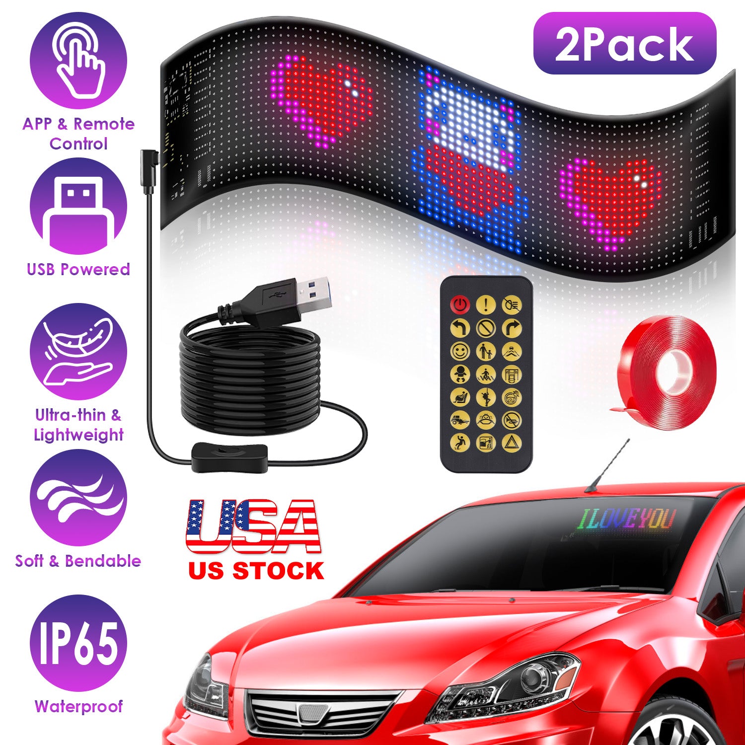 2Pack 20x64 Matrix Devil Eyes Lights For Car Ultra-thin Programmable LED Car