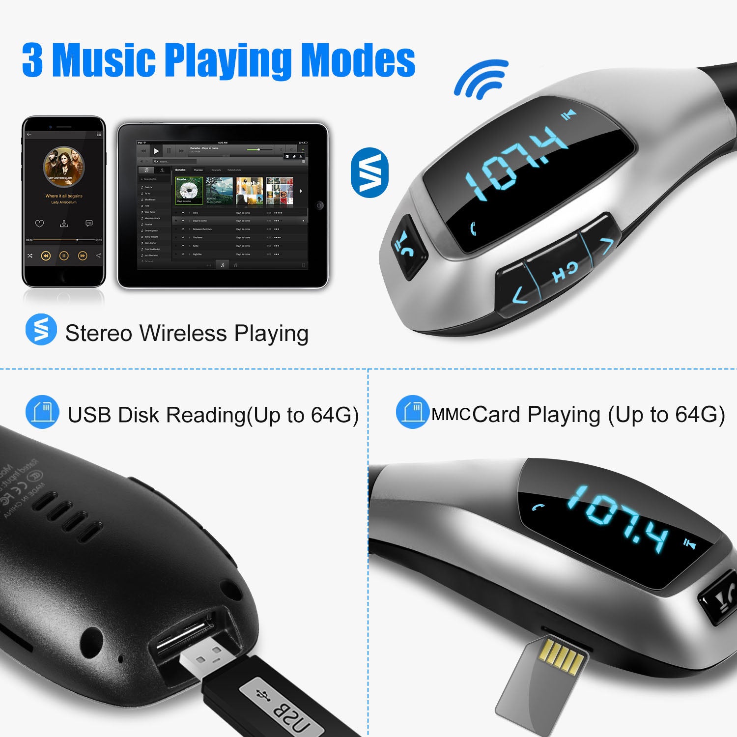 Car FM Wireless Transmitter USB Charge Hands-free Call MP3 Player Supports U