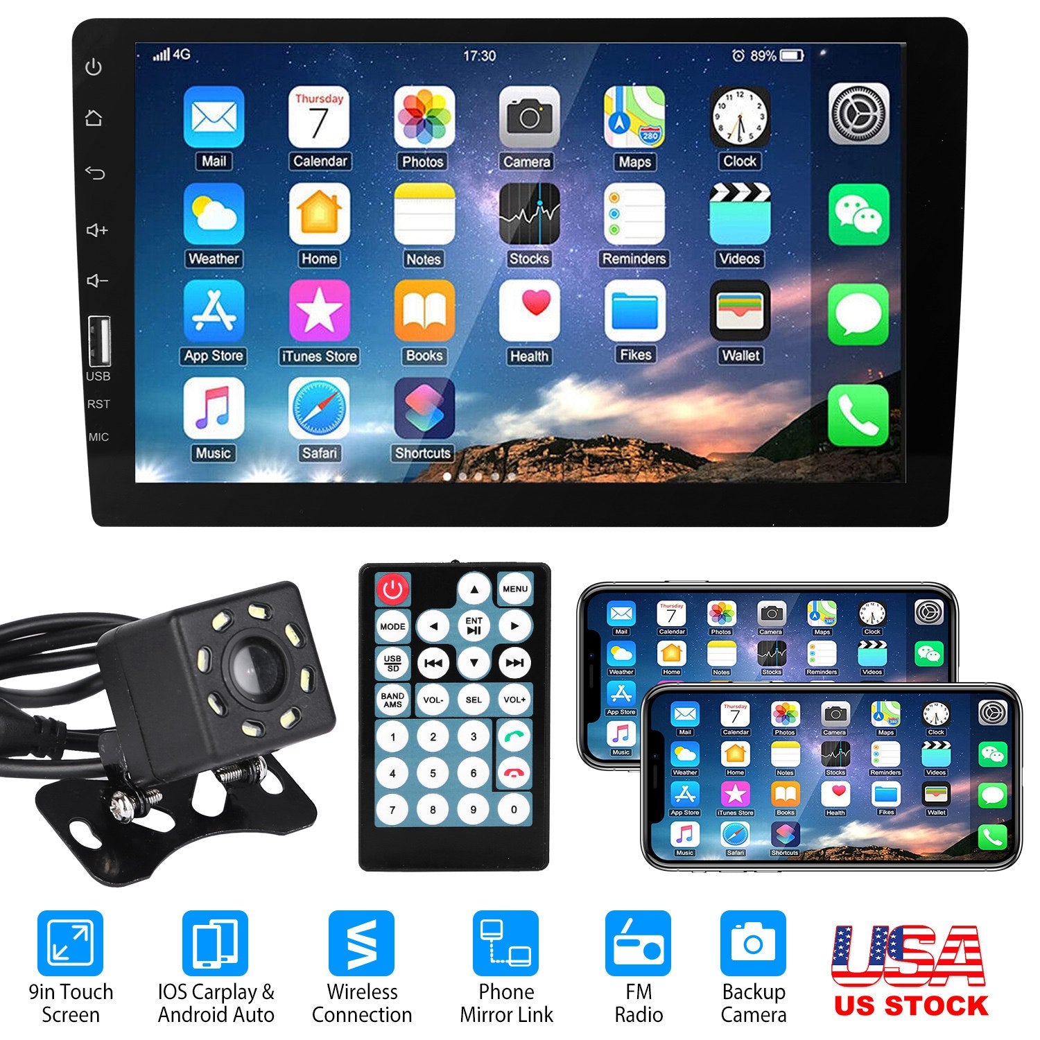 9in Car MP5 Stereo Player Touch Screen 1080P Wireless Car Radio FM USB AUX Back