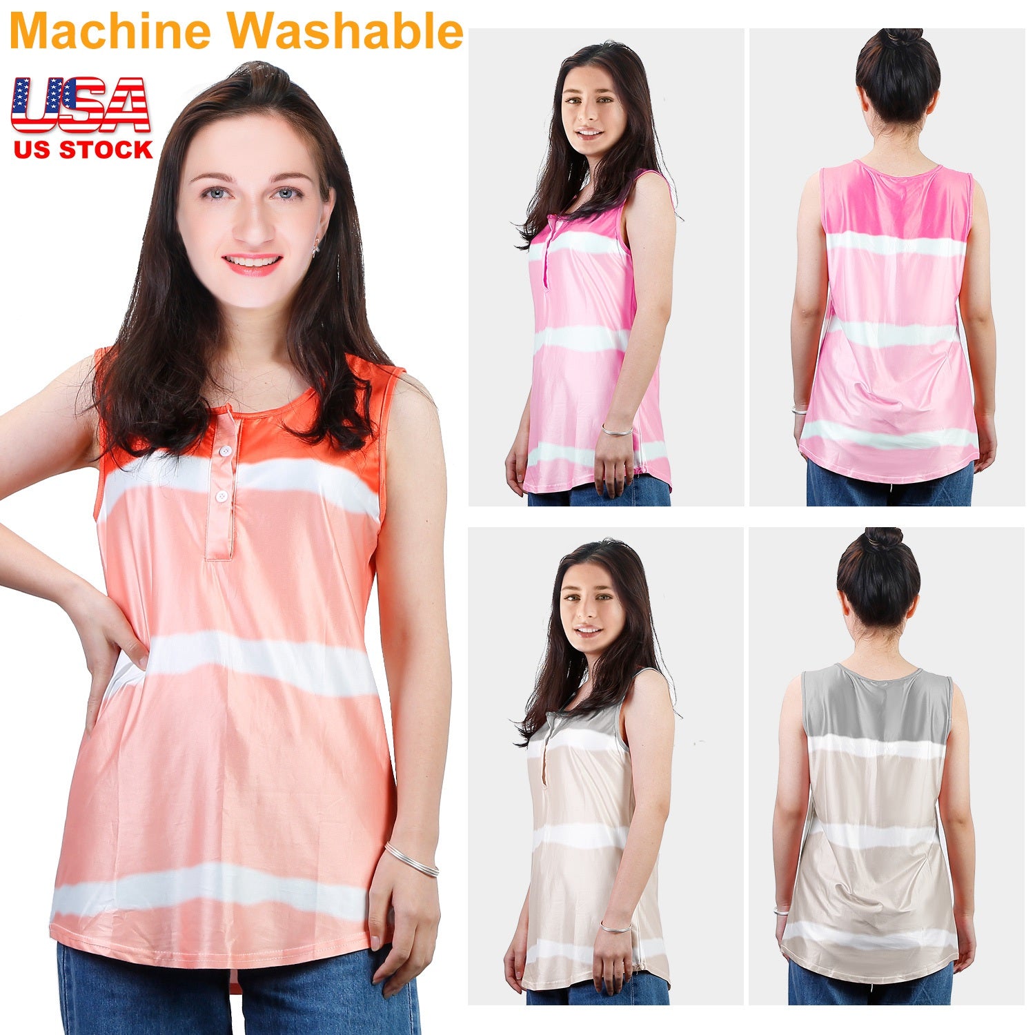 Women Tie-dye Sleeveless Tank Tops Summer Loose T Shirts Tops Button Down