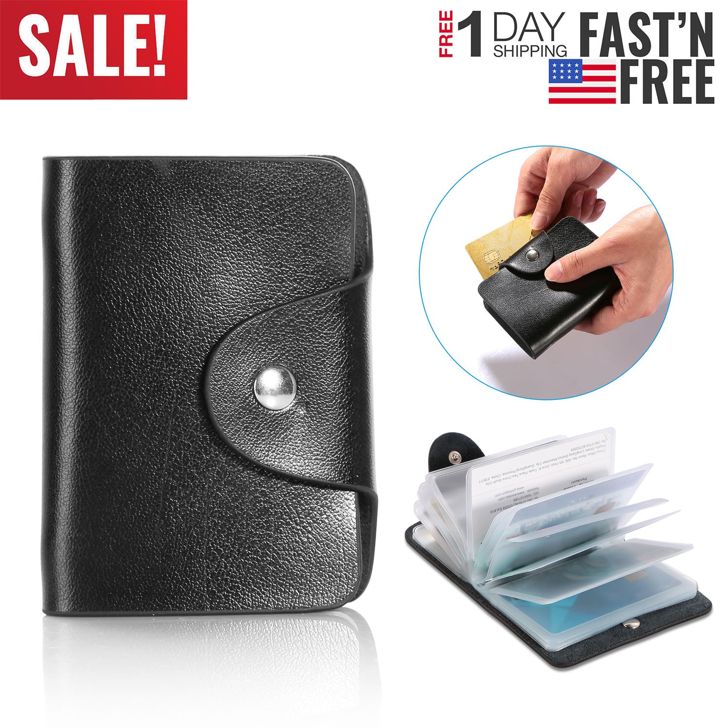 Credit Card Holder Card Organizer Pouch PU Leather Case Snap Closure with 26Pcs