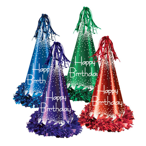 Beistle Fringed Foil Happy Birthday Party Hats, 13in | Party Supply