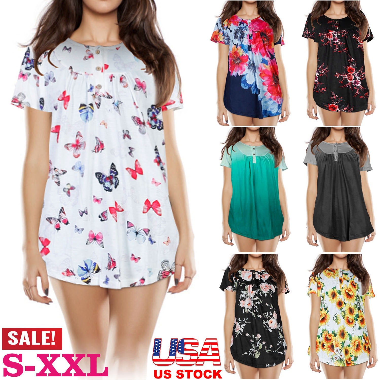 Women Summer Shirts Tops Loose Short Sleeve T Shirts Casual Floral Printed