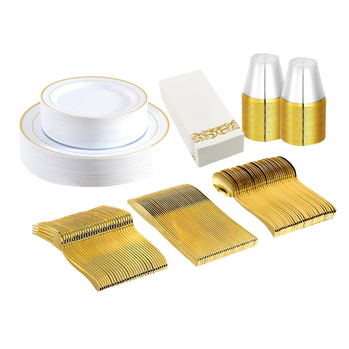 175Pcs Disposable Gold Dinnerware Set Gold Rim Plastic Plates Cups Fork Spoon