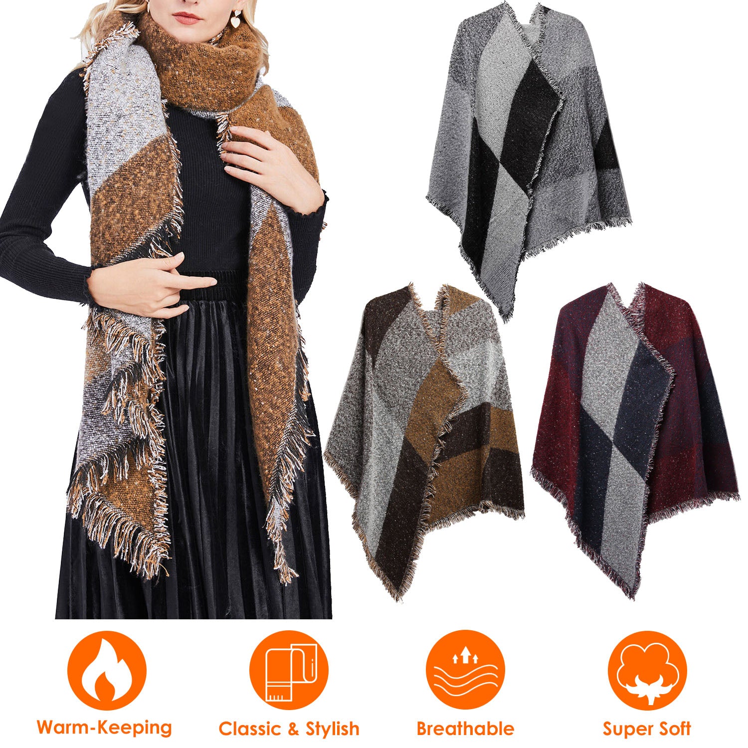 Women Winter Warm Scarf 74.8x25.6In Long Soft Knitted Shawl Extra Thick Plaid
