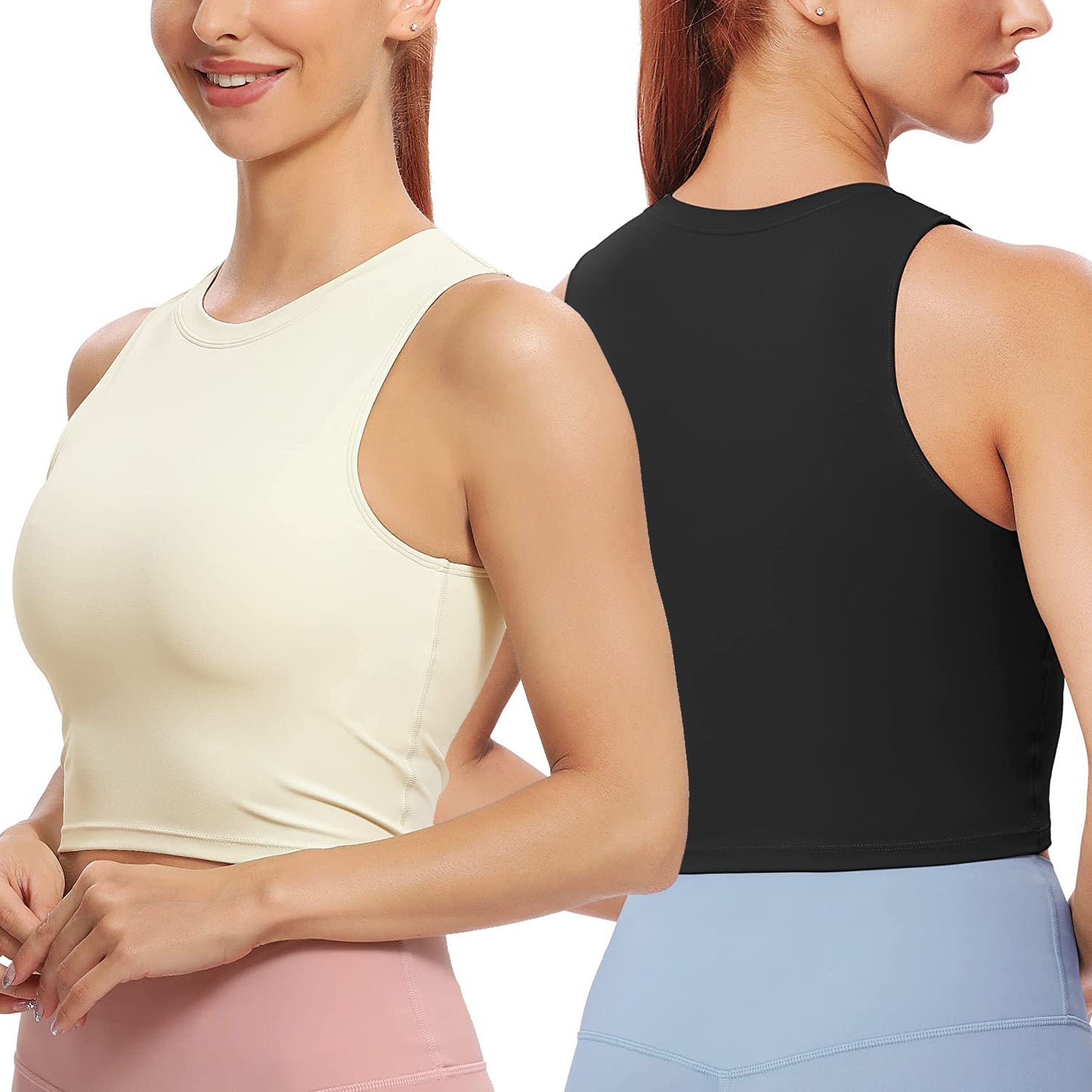 Women Sleeveless Cropped Tank Top High Neck Crop Racer Back Workout Top Machine
