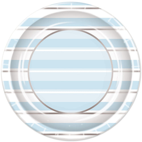 Beistle Striped Plates - Blue, White and Silver - Baby Shower | Party Supply