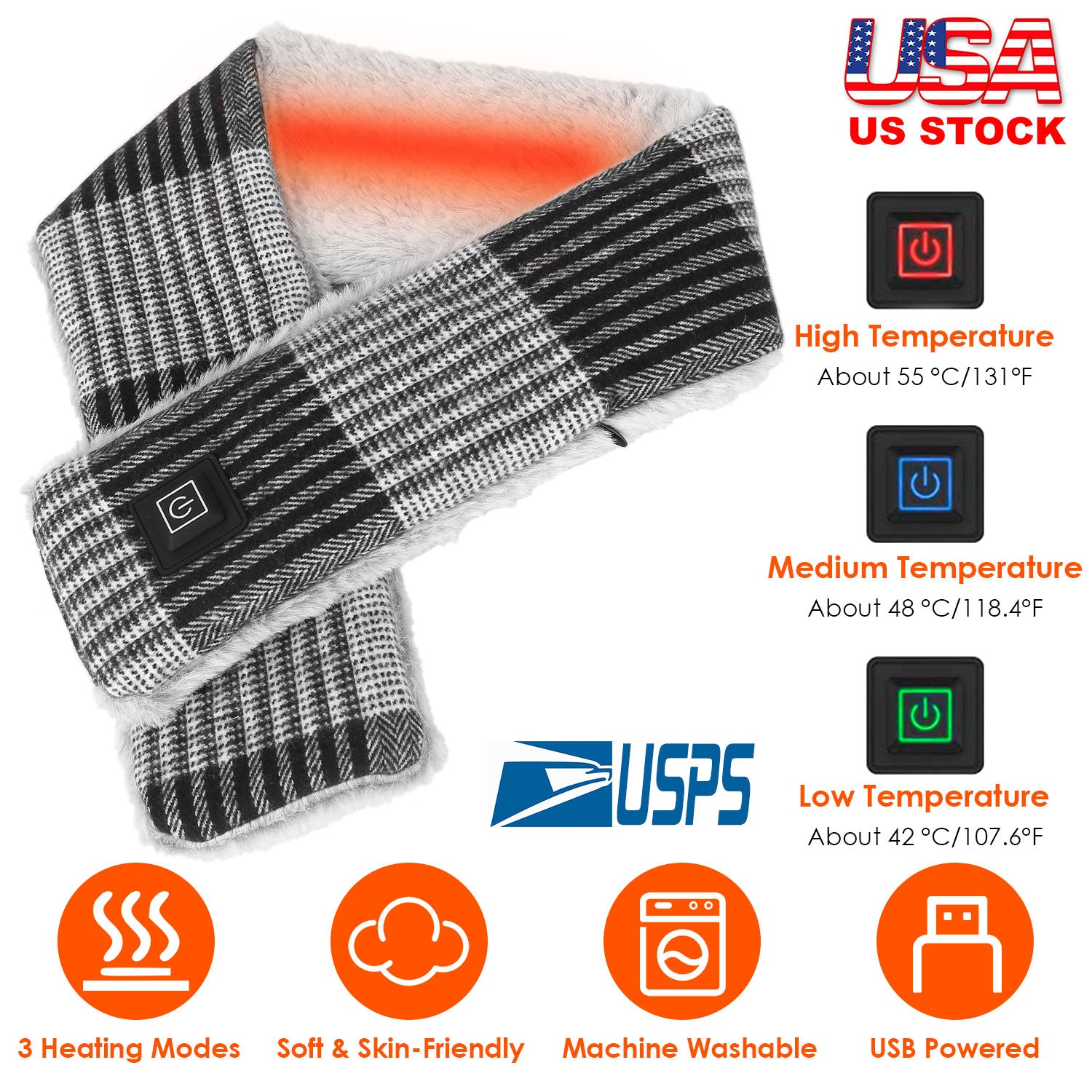 Electric Heated Scarf USB Heating Neck Wrap Unisex Winter Heated Neck Shawl