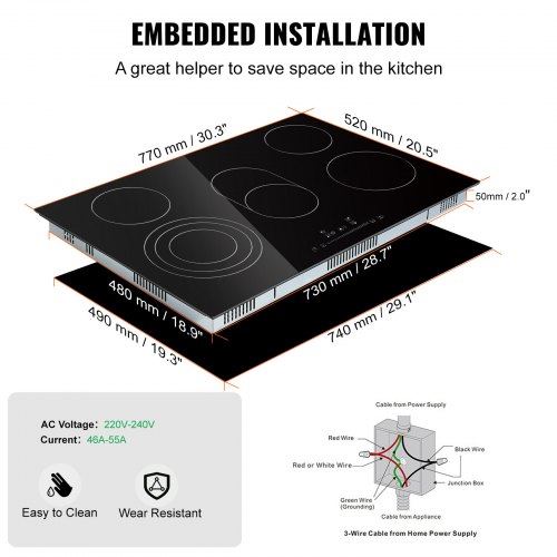 Built in Electric Stove Top 30.3 x 20.5 inch 5 Burners 240V Glass Radiant