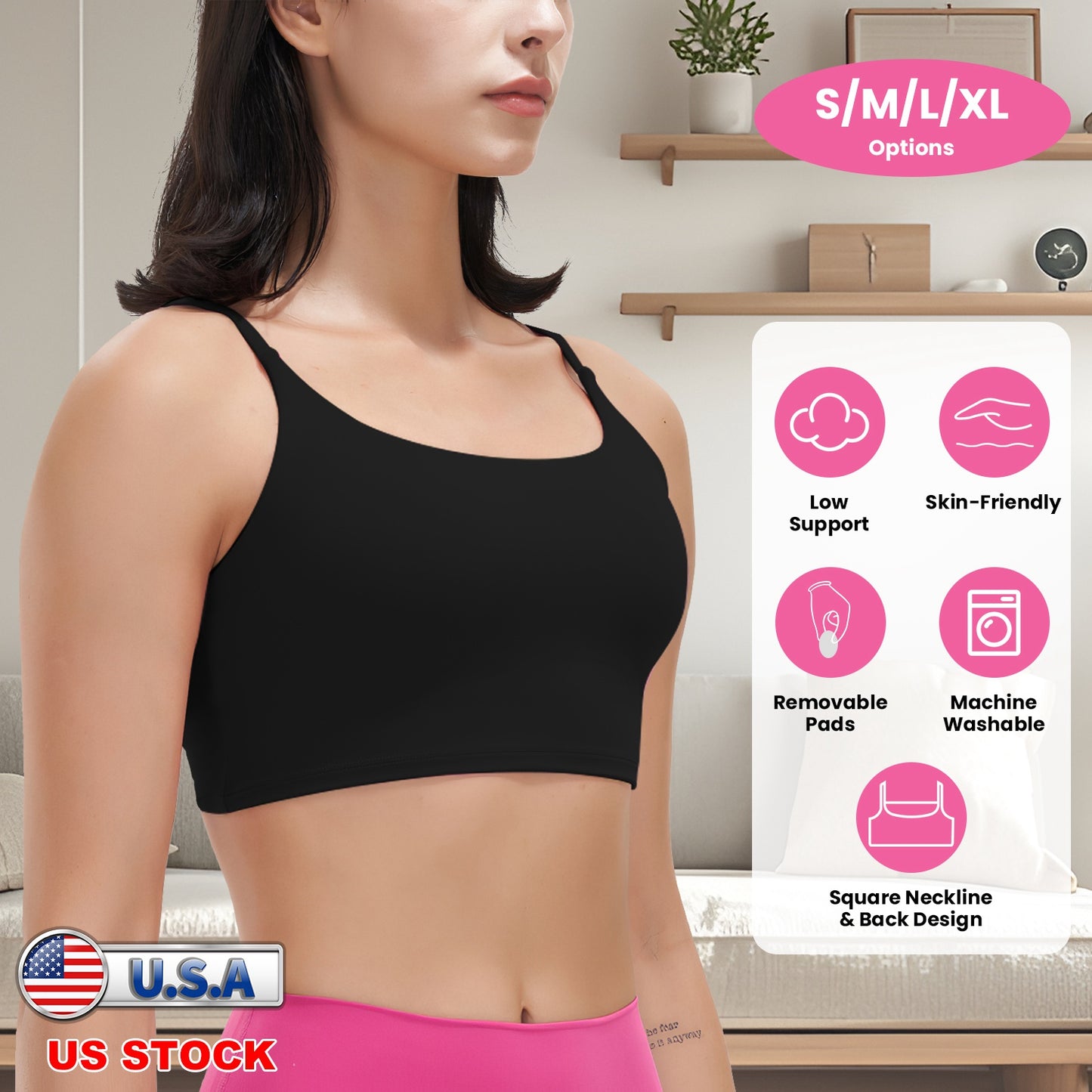 Women Strap Sport Bras Padded Strappy Crop Square Neck Low Impact Bras Sexy