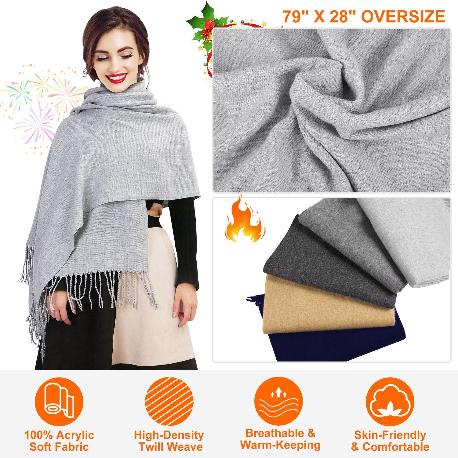 Mens Womens Oversize Cashmere Wool Shawl Wraps Blanket Winter Solid Scarf Soft