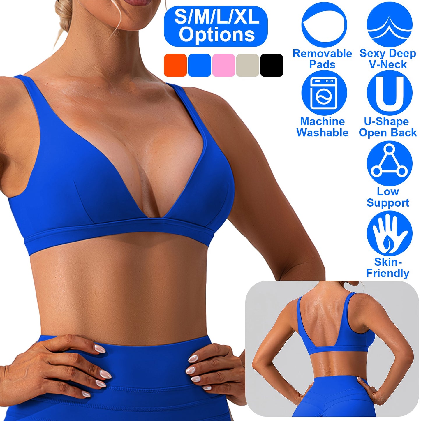 Women Deep V-Neck Sports Bras U-Shaped Back Sport Bras Padded Strappy Crop Open