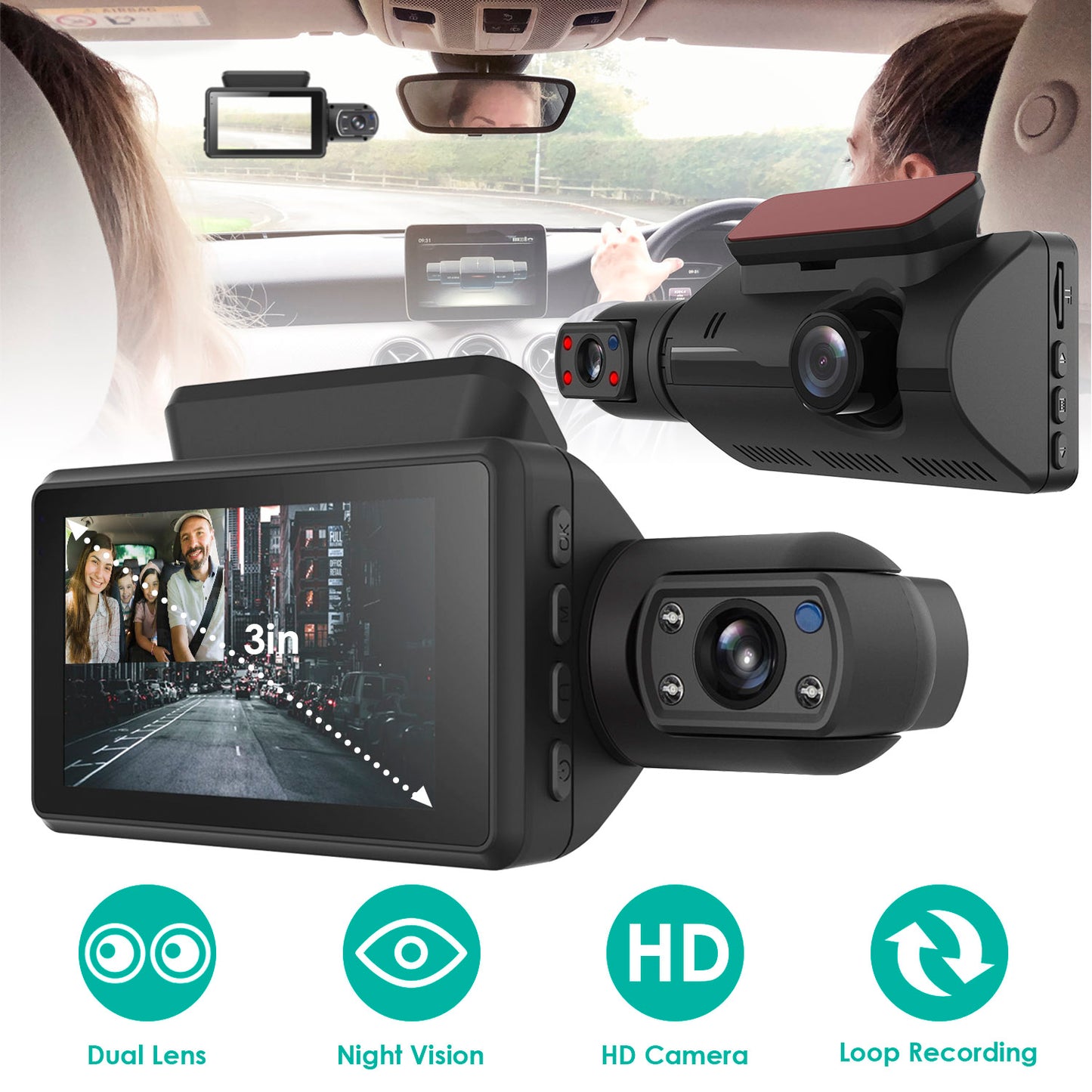 Dual Lens Car DVR Dash Cam Video Recorder 720P Front Inside Camera Loop