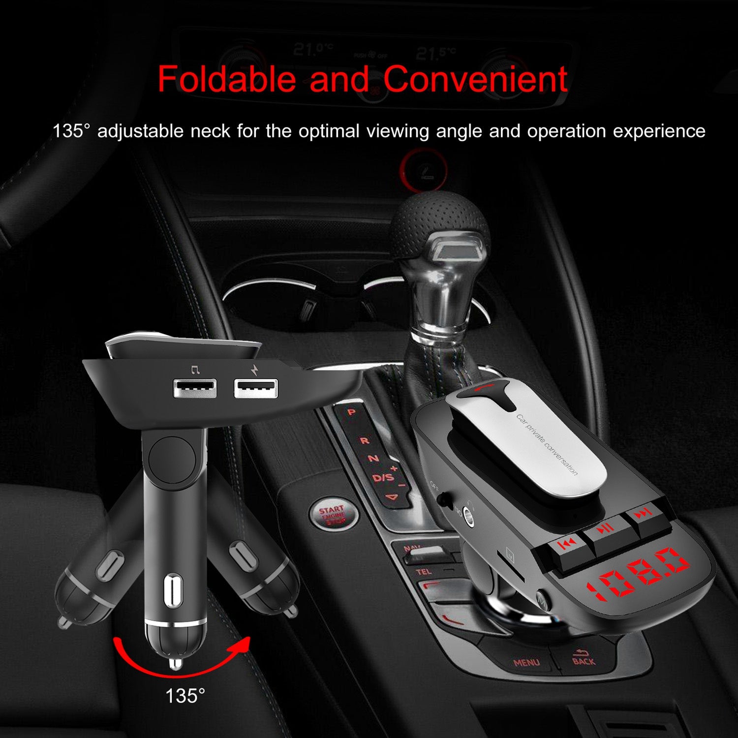 Car FM Transmitter w/ Wireless Earpiece 2 USB Charge Ports Hands-free Call MP3