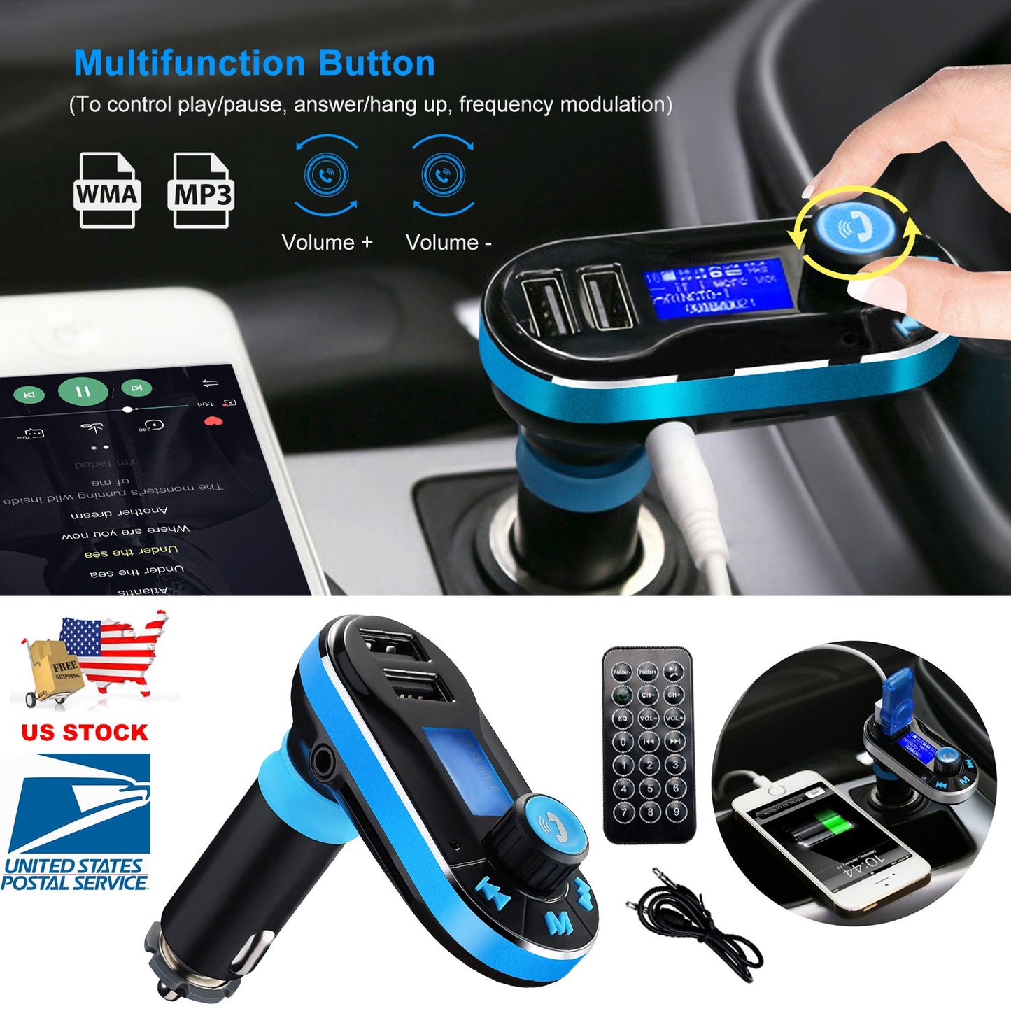 Car Wireless FM Transmitter Dual USB Charger Hands-free Call MP3 Player Aux-in