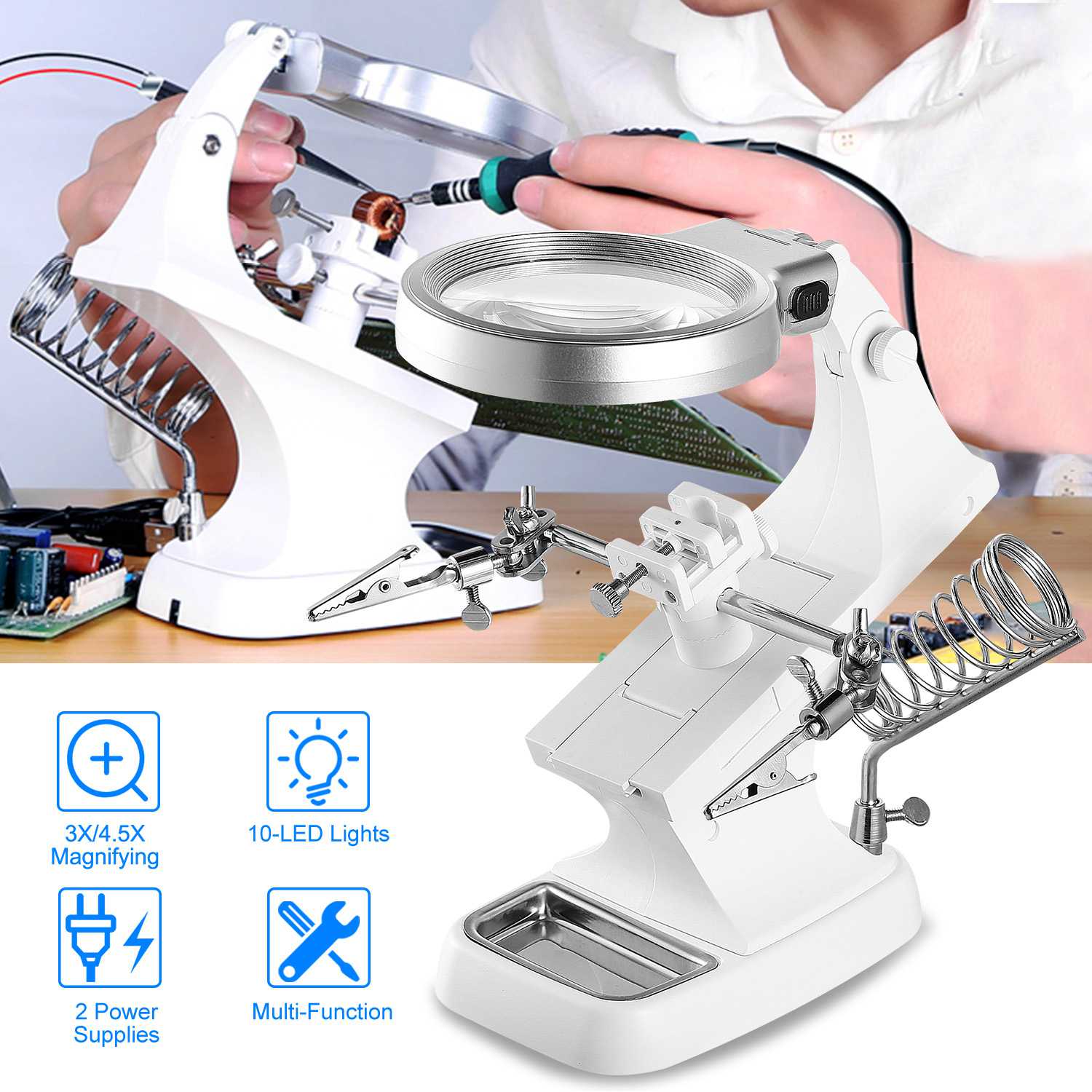 LED Light Helping Hands Magnifying Glass 3X/4.5X w/ 360°Adjust Third Hand