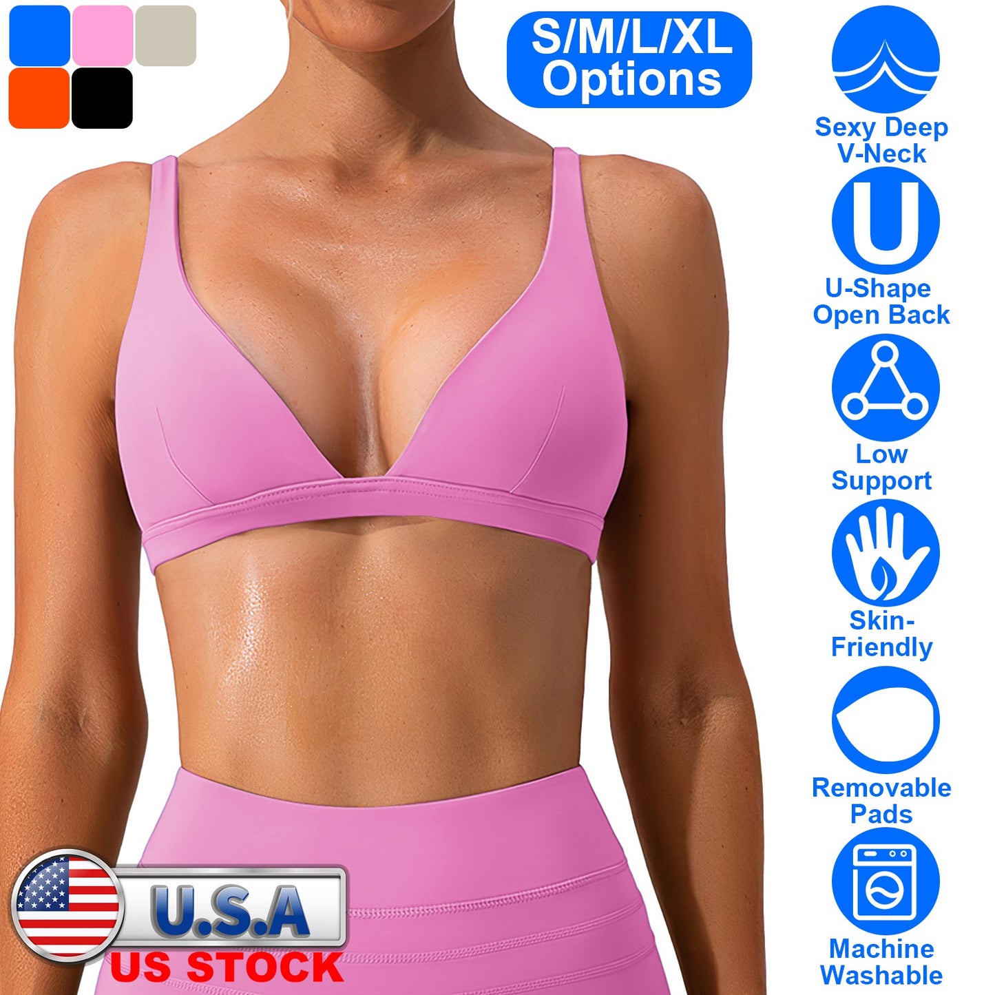 Women Deep V-Neck Sports Bras U-Shaped Back Sport Bras Padded Strappy Crop Open