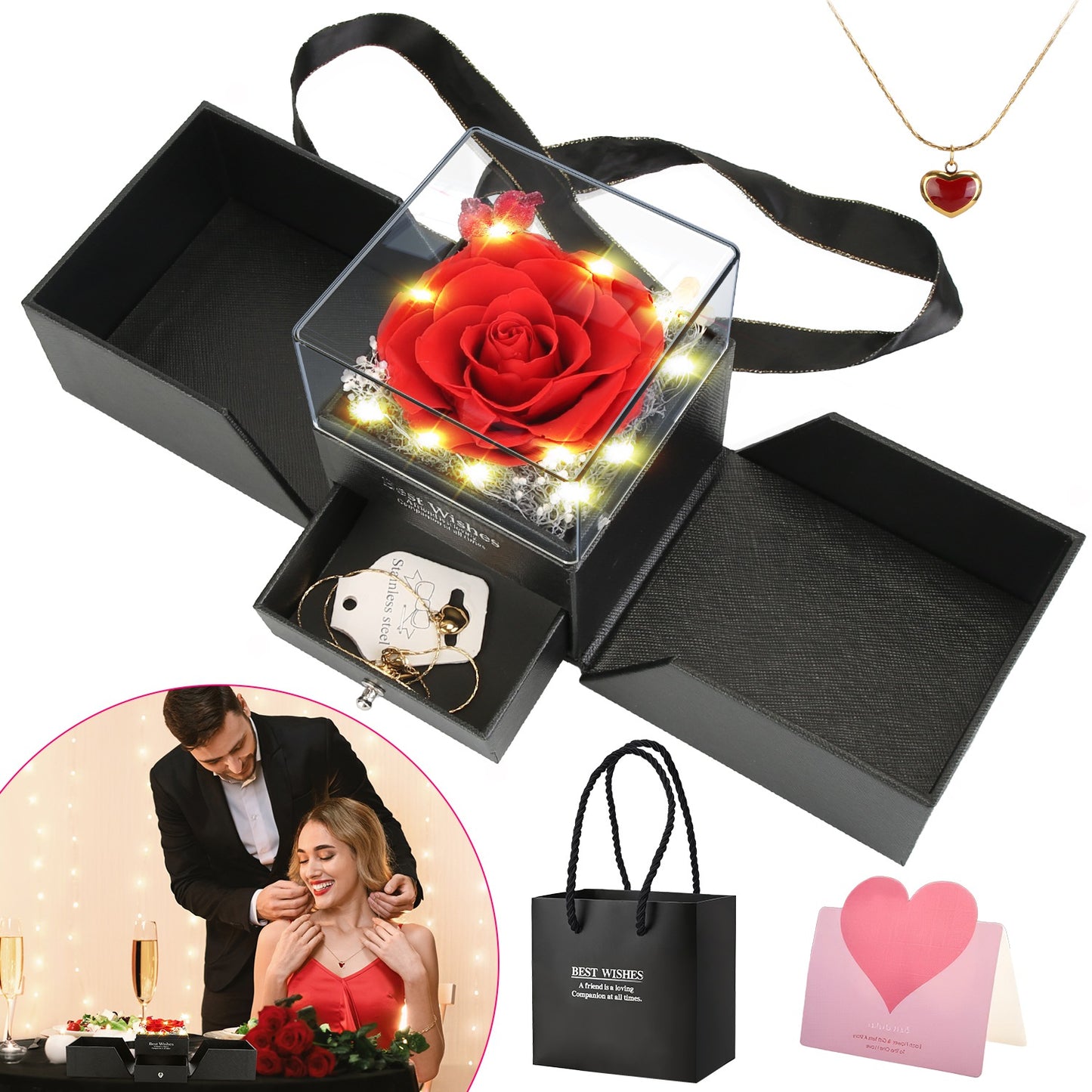 Preserved Red Real Rose with Heart Necklace Eternal Flowers Rose with Golden