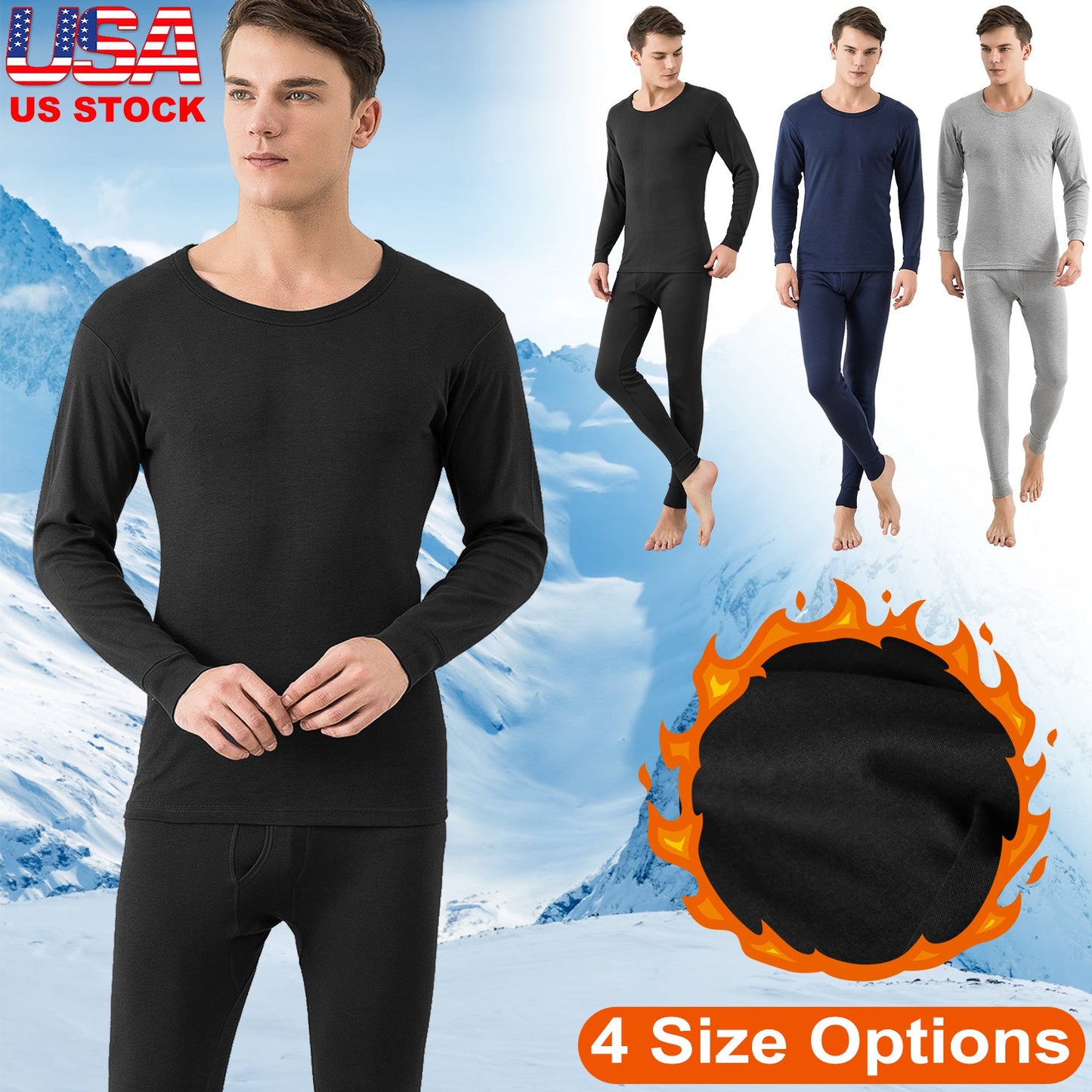Men Thermal Underwear Set Long Johns Pants Long Sleeve Soft Underwear Kit Top