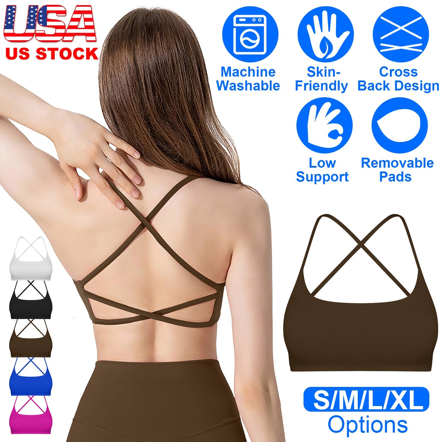 Women Cross Back Sport Bras Padded Strappy Crop Open Back Low Impact Bras Sexy