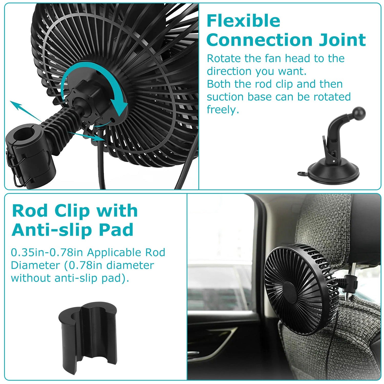 Car Cooling Fan Portable Rotatable USB Vehicle Fan Backseat Clip Fan Dashboard