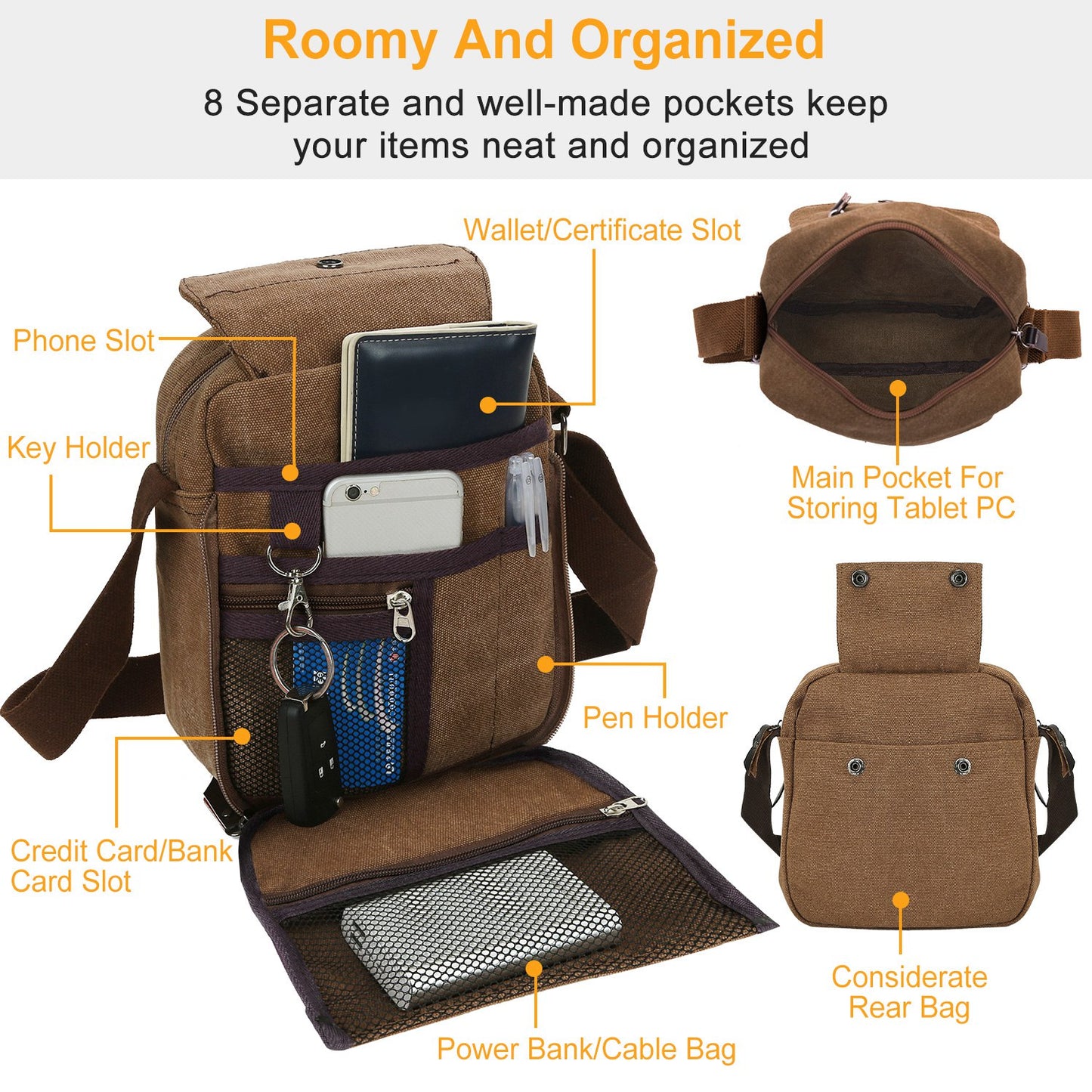 Unisex Crossbody Bags Canvas Phone Tablet PC Shoulder Bag Credit Card Key
