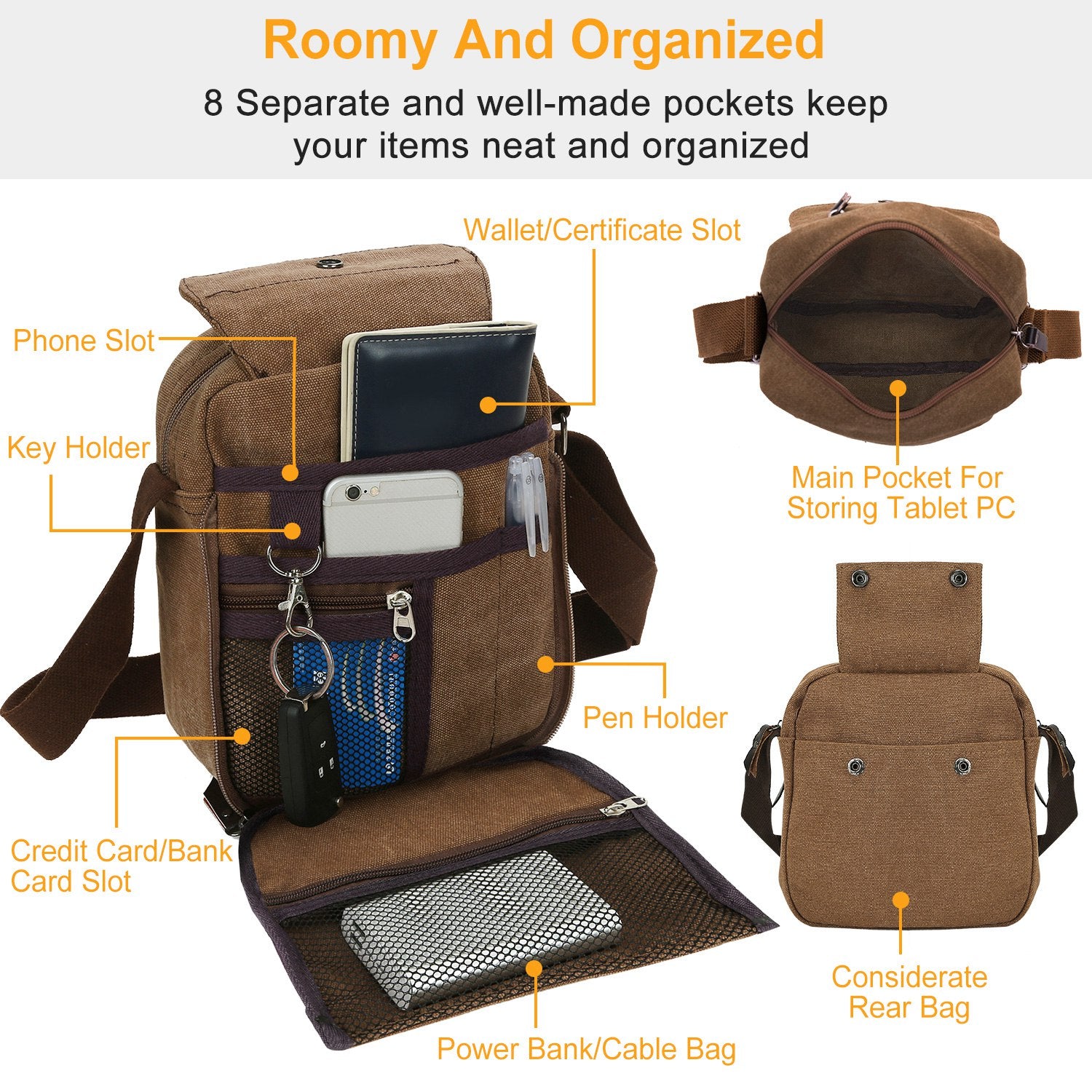Unisex Crossbody Bags Canvas Phone Tablet PC Shoulder Bag Credit Card Key