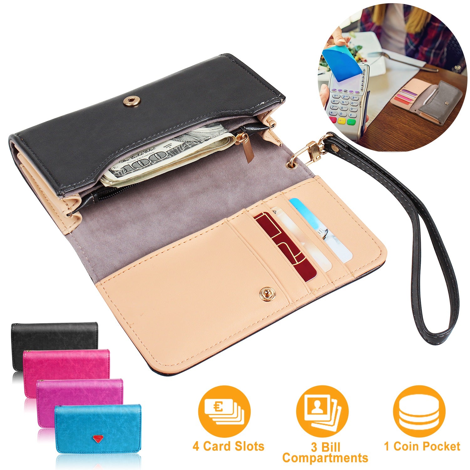 Women Wristlet Wallet PU Leather Lady Purse Credit Card Holder 4 Card Slots 3