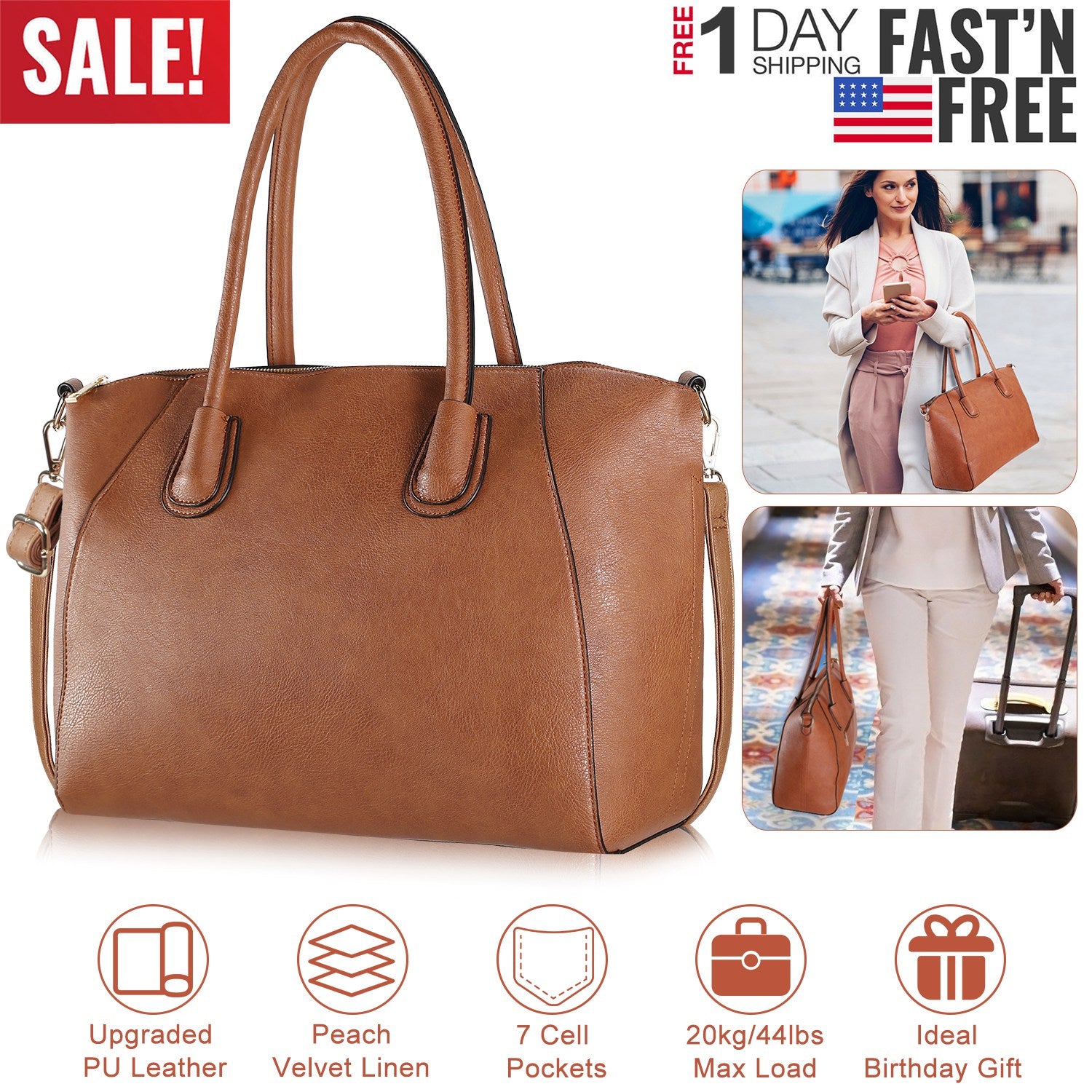 Women’s Soft Leather Handbag Tote Bags Large Shoulder Crossbody Bag 7 Cells