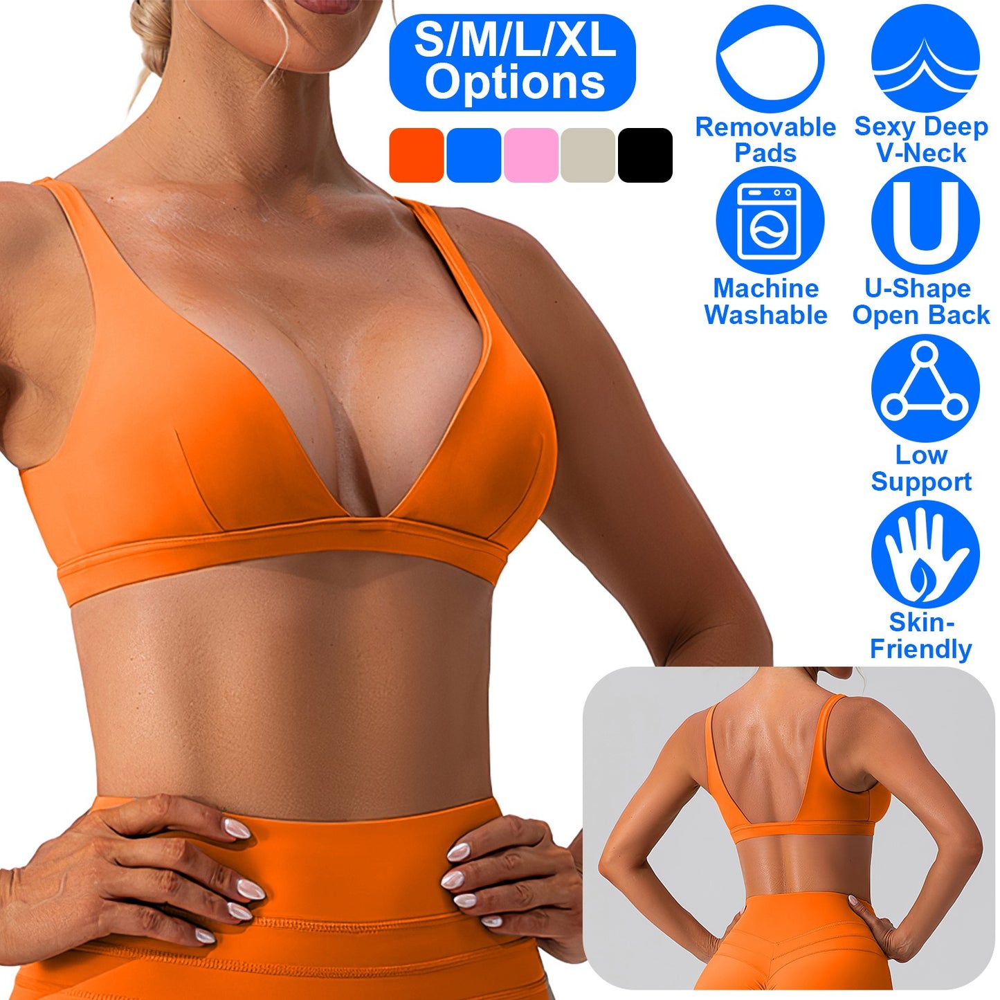 Women Deep V-Neck Sports Bras U-Shaped Back Sport Bras Padded Strappy Crop Open