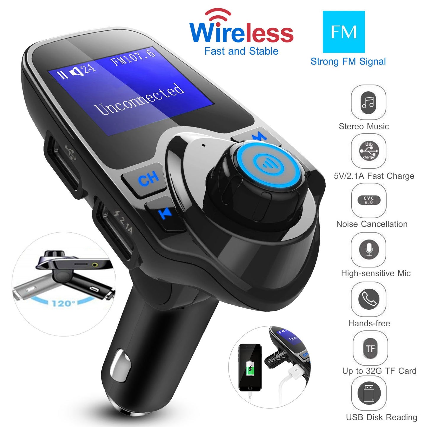 iMounTek Car Wireless FM Transmitter MP3 Player Hand-Free Call USB Charger AUX