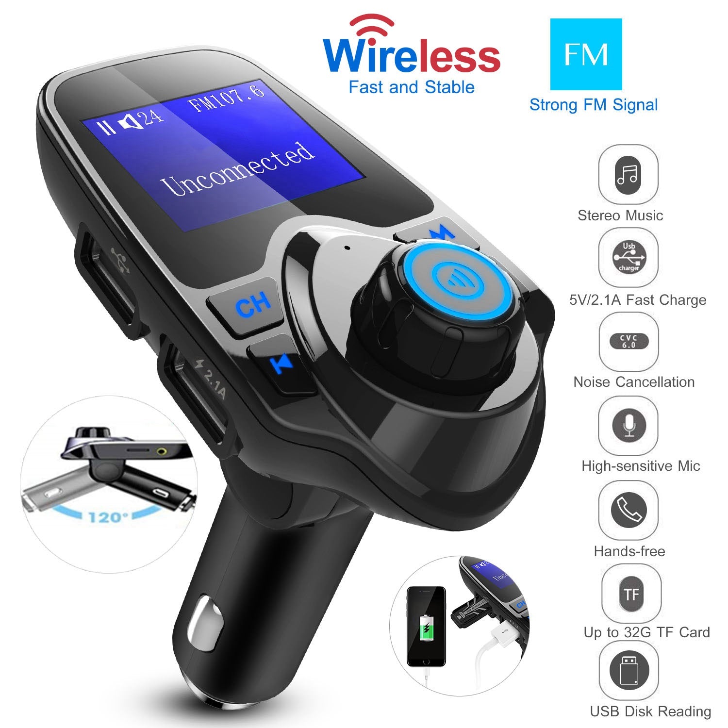 iMounTek Car Wireless FM Transmitter MP3 Player Hand-Free Call USB Charger AUX