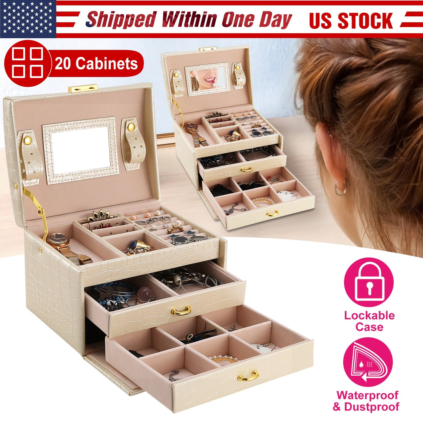 Jewelry Case Organizer 3-layer Lockable Travel Jewelry Box PU Leather Storage
