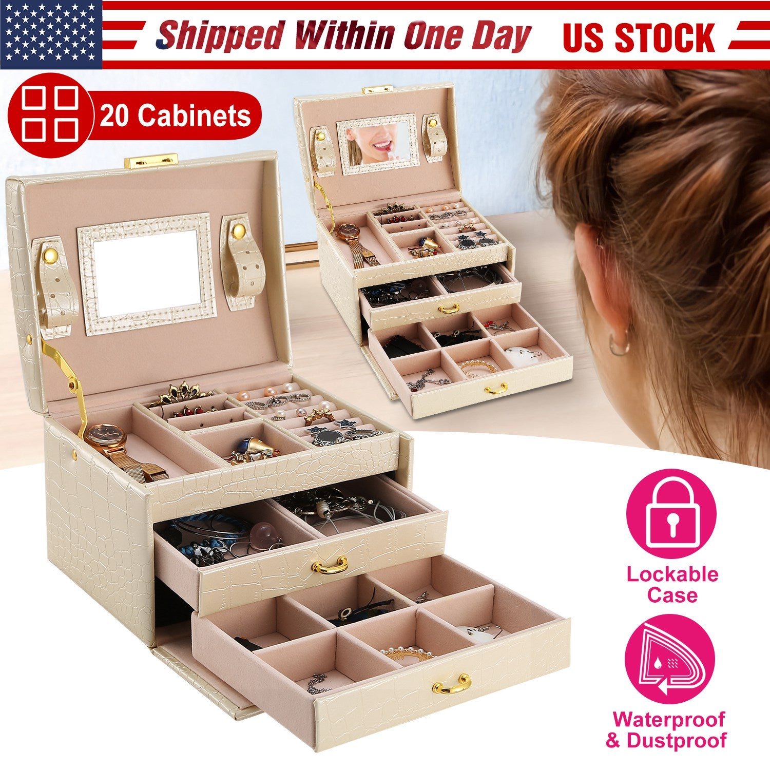 Jewelry Case Organizer 3-layer Lockable Travel Jewelry Box PU Leather Storage