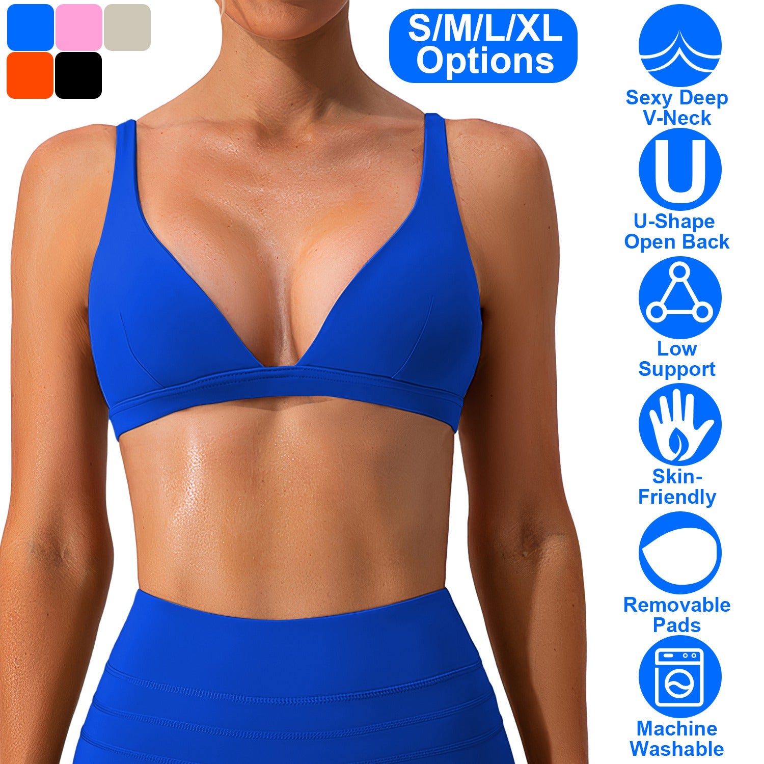 Women Deep V-Neck Sports Bras U-Shaped Back Sport Bras Padded Strappy Crop Open