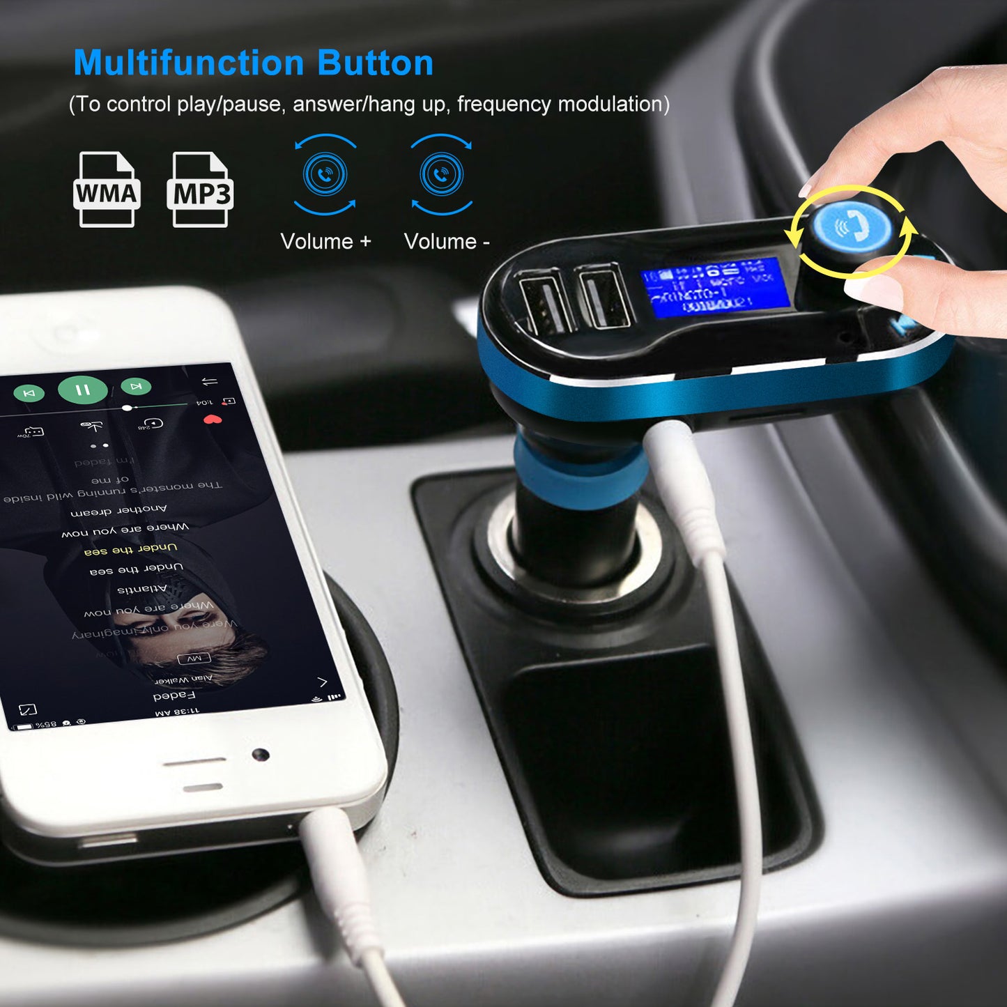 Car Wireless FM Transmitter Dual USB Charger Hands-free Call MP3 Player Aux-in
