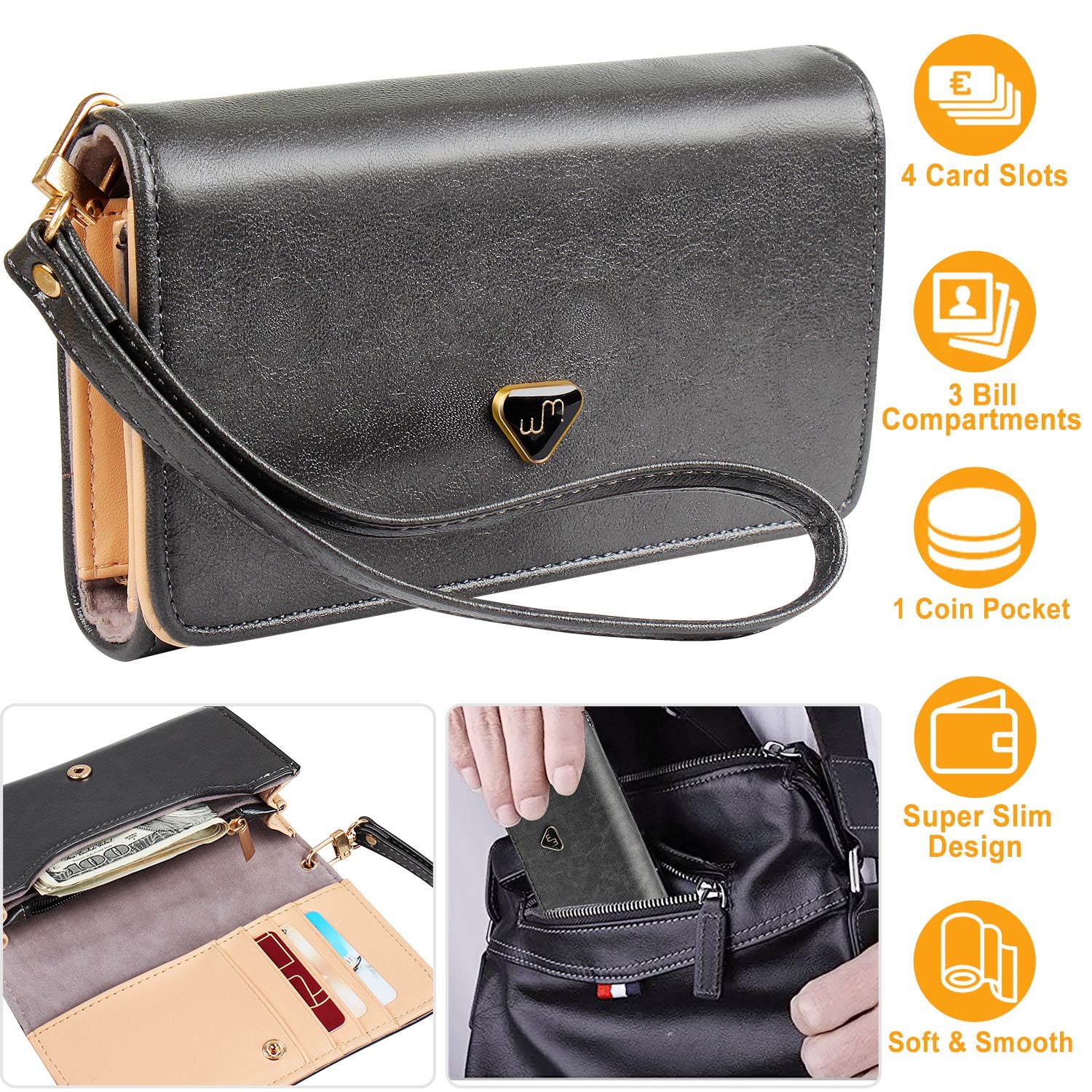 Women Wristlet Wallet PU Leather Lady Purse Credit Card Holder 4 Card Slots 3