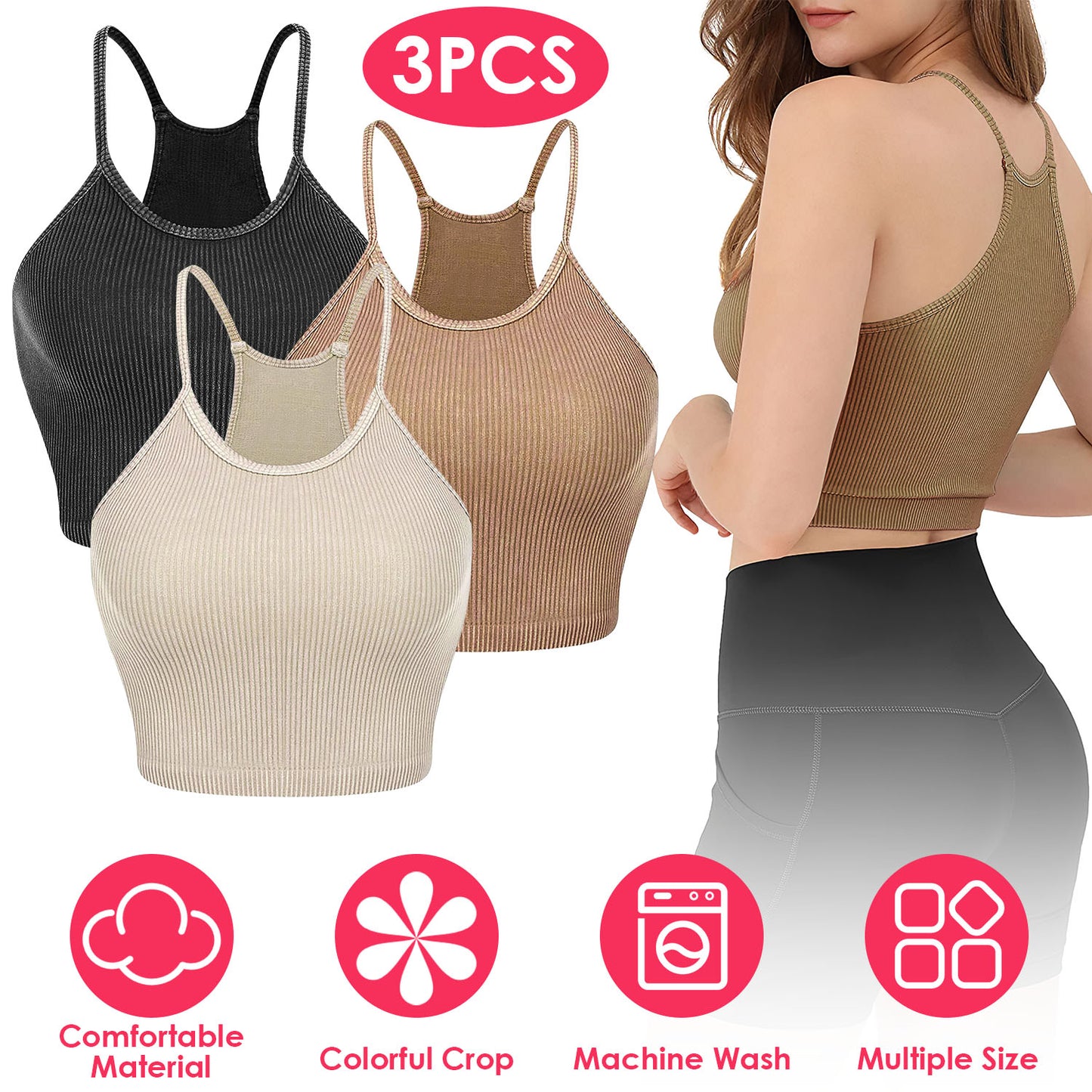 3 Pack Women Crop Basic Tank Top Ribbed Knit Sleeveless Round Neck 9 Color