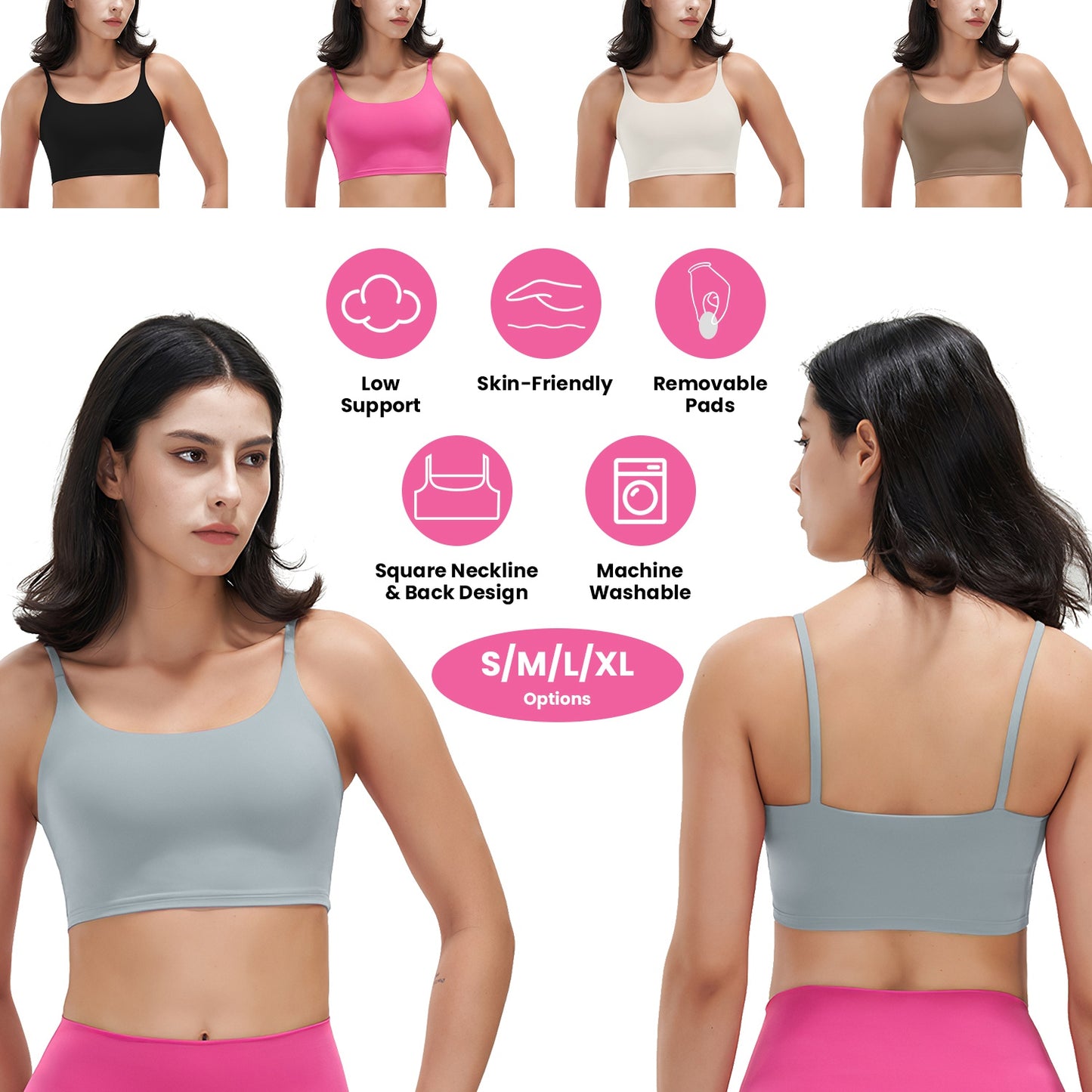 Women Strap Sport Bras Padded Strappy Crop Square Neck Low Impact Bras Sexy